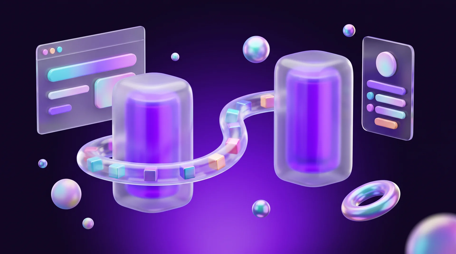 REST API: two glossy 3D glass servers connected by a glowing pipe through which data cubes travel between the website and business systems
