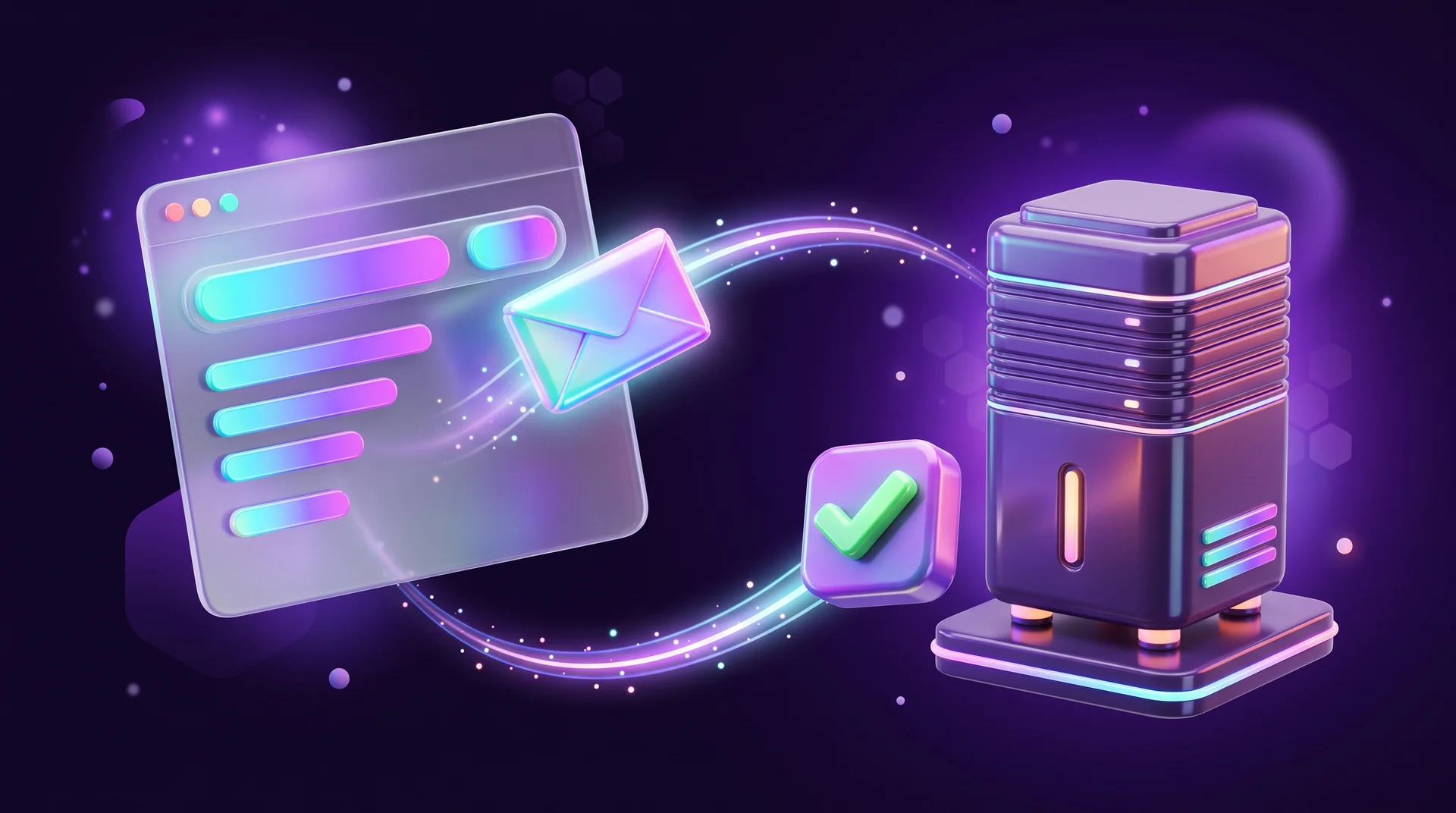 A glossy 3D glass browser window sending a glowing envelope to a server, with a shiny box returning from the server marked with a green check mark
