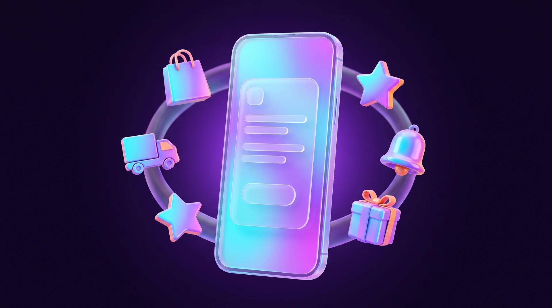Glossy 3D icons floating in a ring around a glass smartphone: a shopping bag, a delivery truck, rating stars, a notification bell and a gift box