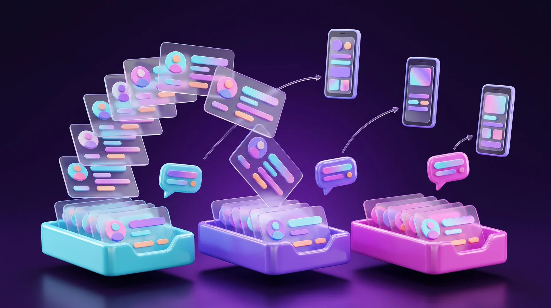 A 3D stack of glass contact cards being sorted into three colourful trays, with message bubbles flowing from it to floating smartphones