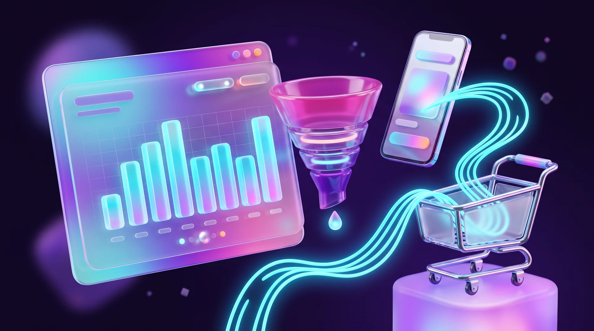 A 3D glass dashboard with a glowing bar chart and a conversion funnel, next to a smartphone sending a beam of light to a shopping cart