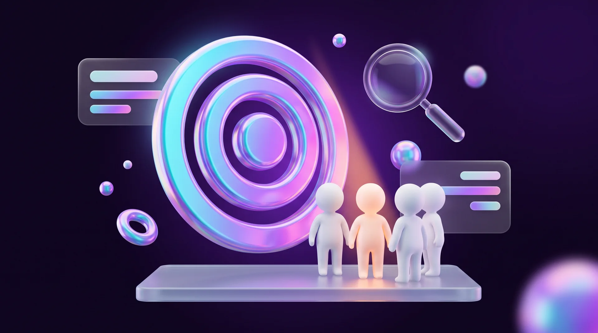 A glowing 3D target with rings, a magnifying glass and a group of four white figures on a glass surface, one of them lit in orange