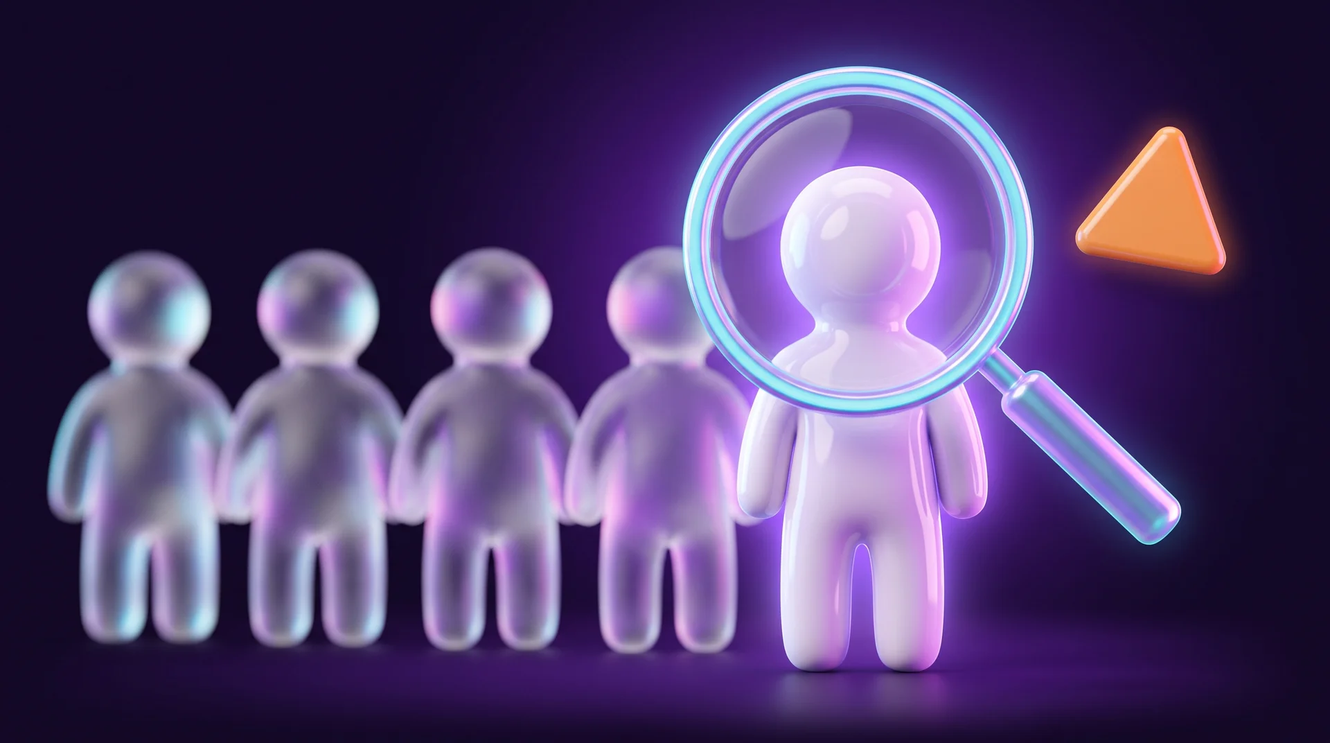 Four transparent, blurred, faceless glass figures next to a single sharp, lit white figure, with a large magnifying glass and an orange triangle above them
