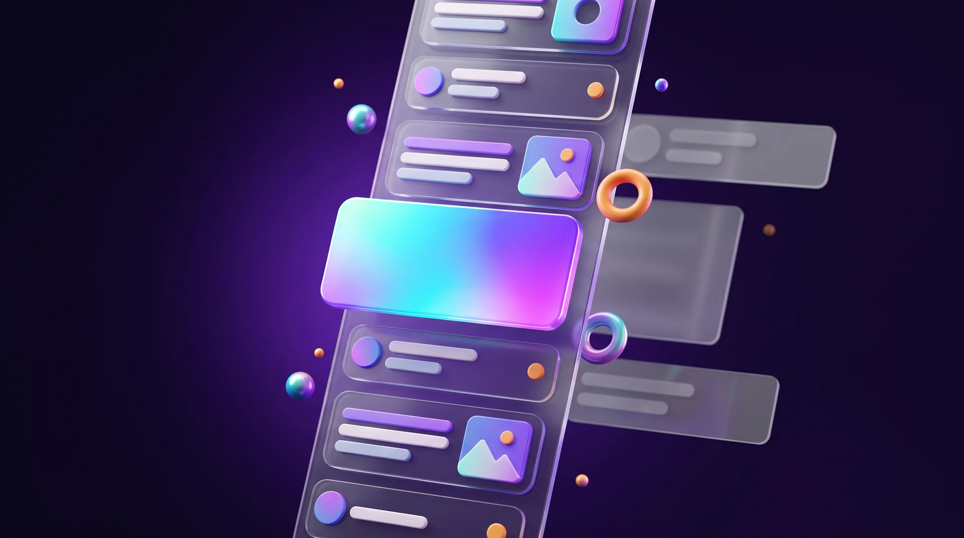 A 3D glass content feed in which one glowing content card blends naturally between other cards, with faded banners floating to the side