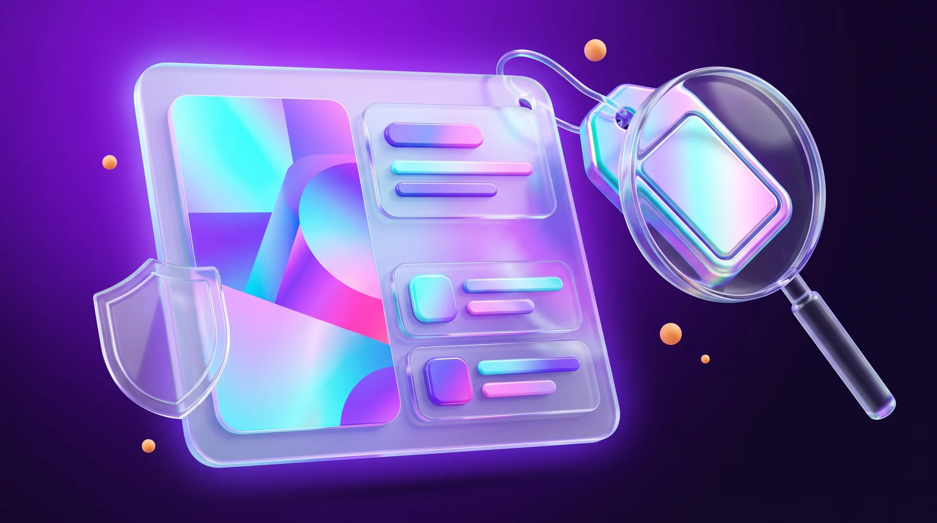 A glossy 3D glass tag attached to a glowing content card, next to a transparent shield and a magnifying glass that highlights the tag