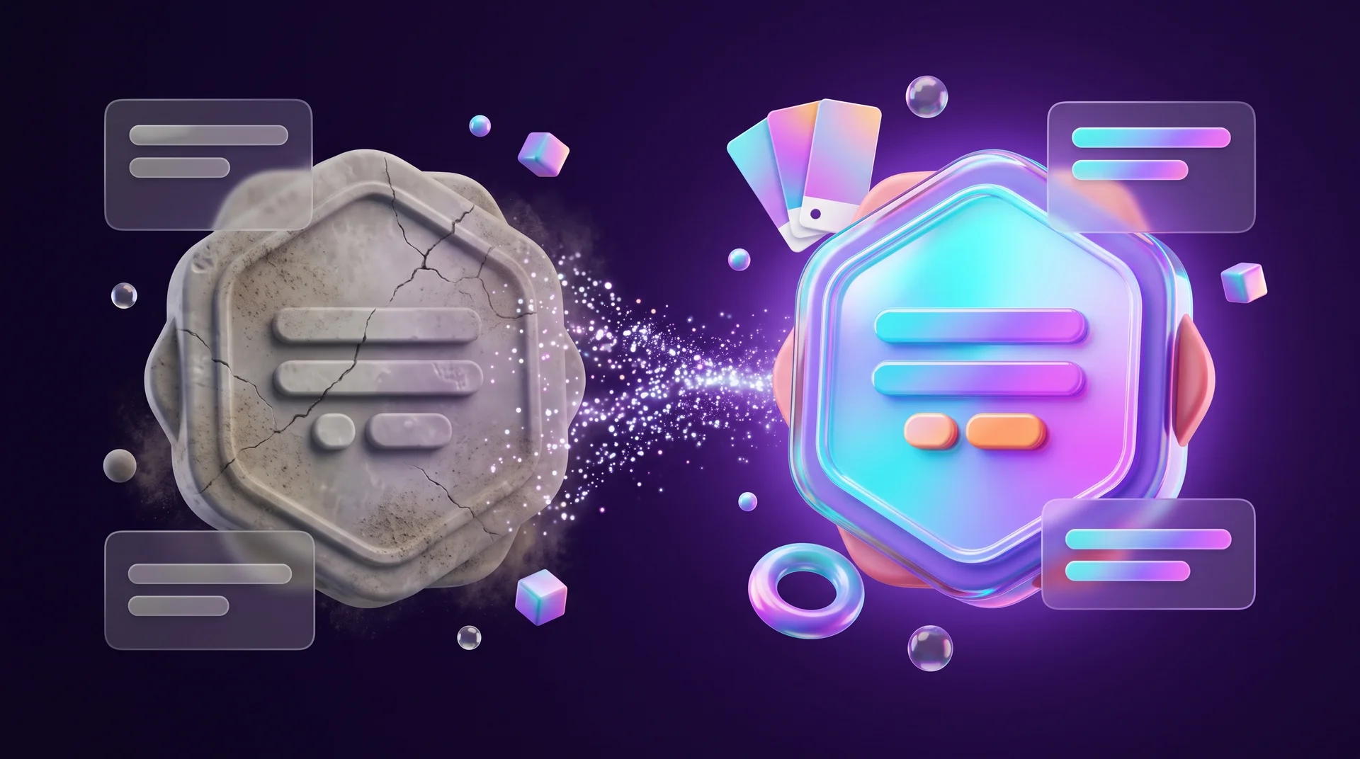 An old cracked grey stone hexagon emblem on the left and a new glossy glass hexagon in purple and light blue on the right, with a stream of particles between them and floating colour cards