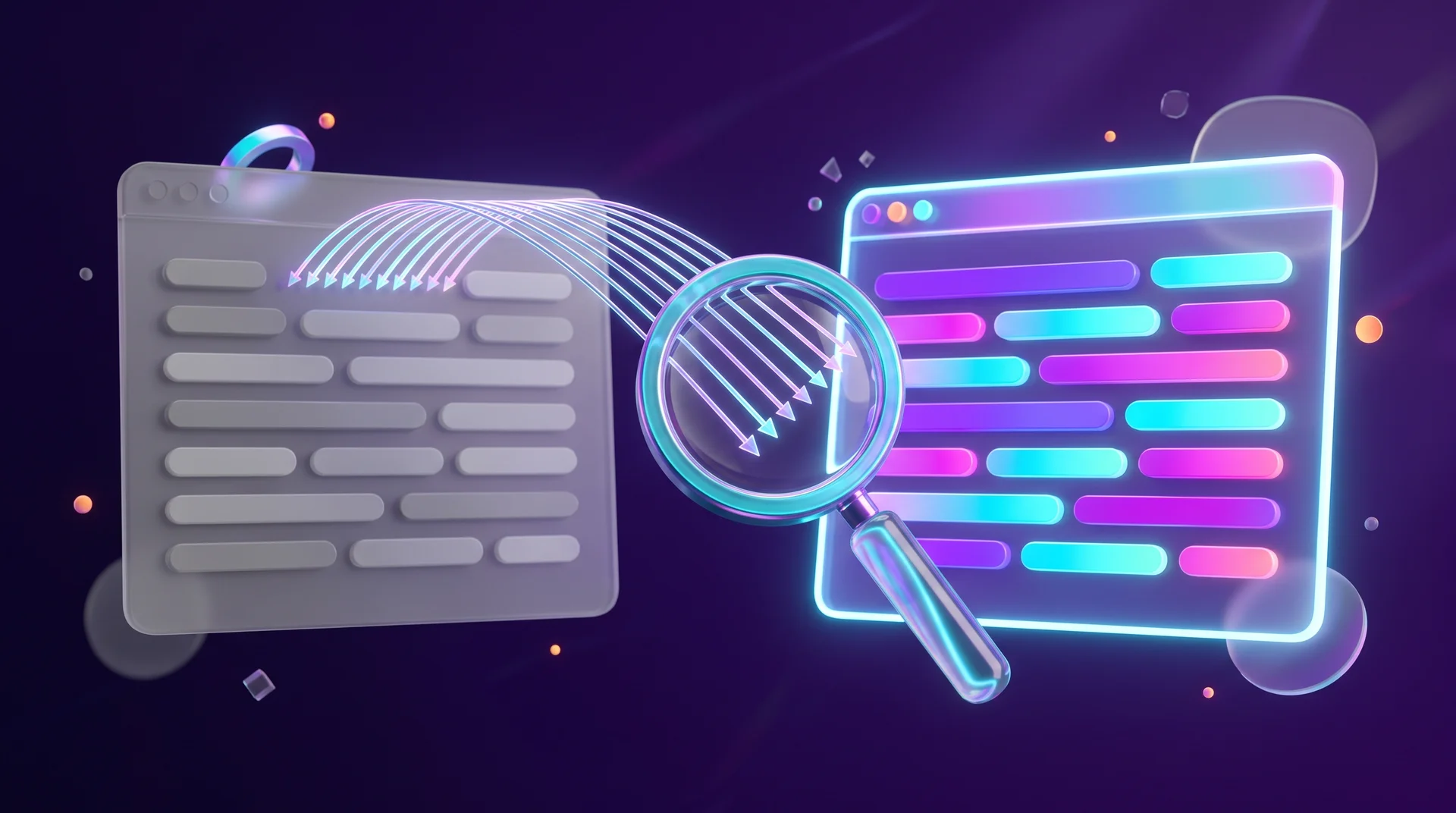 Two glass website windows, an old grey one on the left and a new colourful one on the right, connected by many glowing arrows passing through a magnifying glass