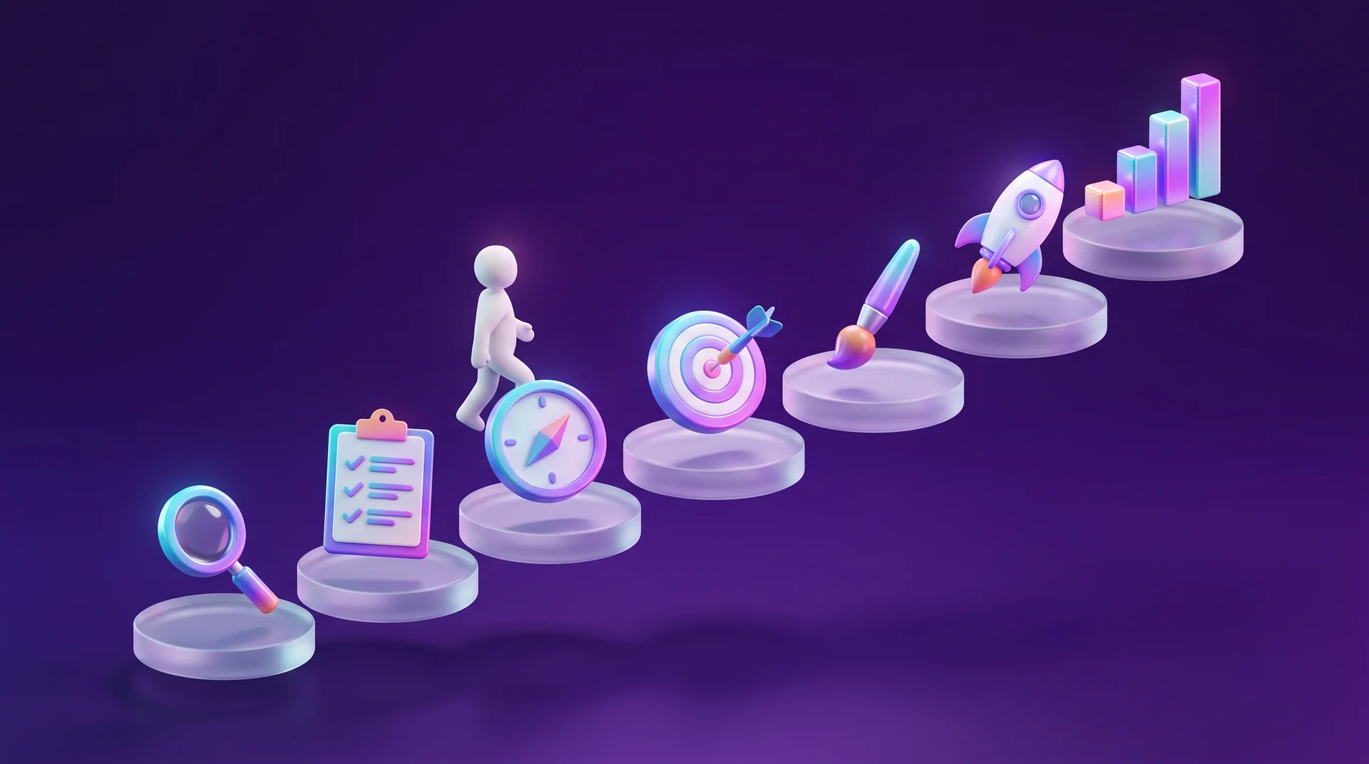 A path of seven round glass platforms rising like steps, each holding a glossy object: a magnifying glass, a clipboard with a checklist, a compass, a target with an arrow, a brush, a rocket and a rising bar chart, with a white figure walking along it