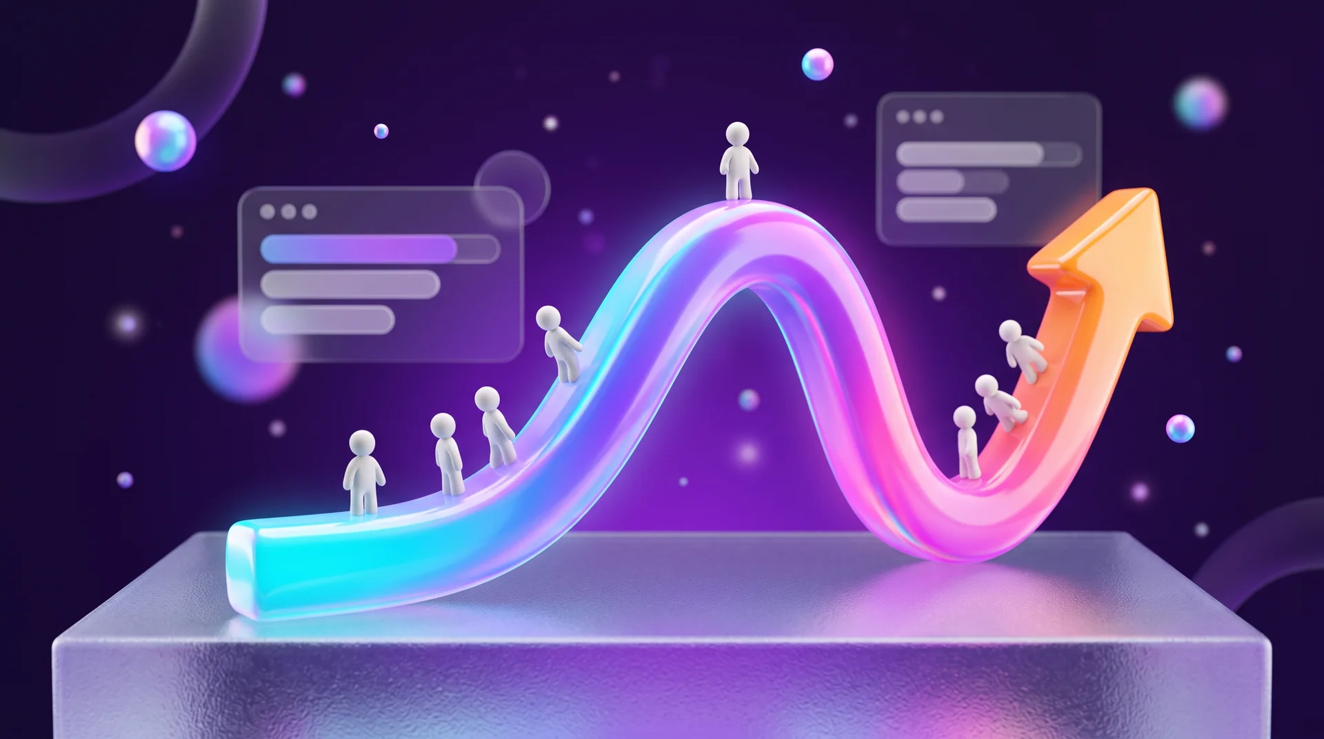 A glowing 3D curve that rises, falls and finally turns into an orange arrow pointing upwards again, on a glass platform, with small white figures walking along it