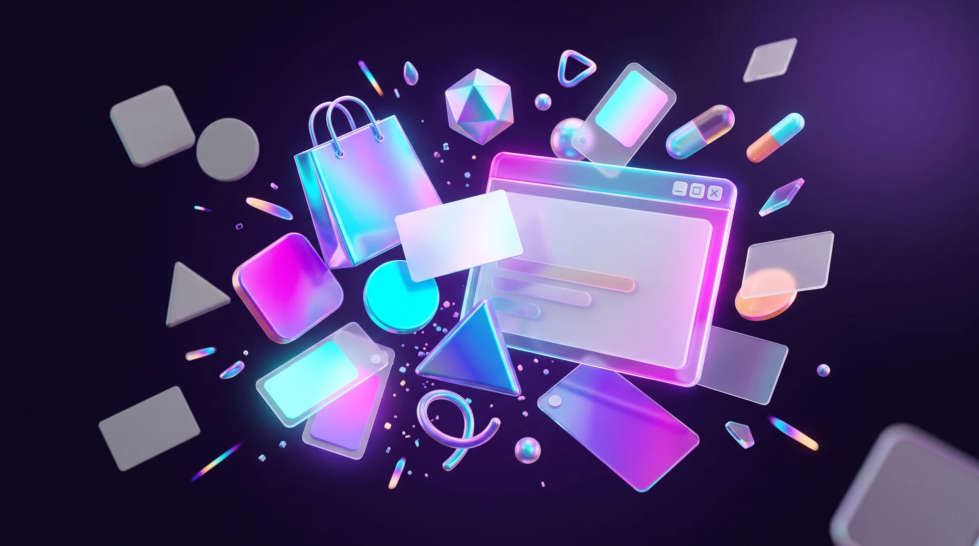 A 3D brand kit breaking apart into floating pieces: a glass website window, a shopping bag, colour cards and glowing geometric shapes, alongside older grey shapes