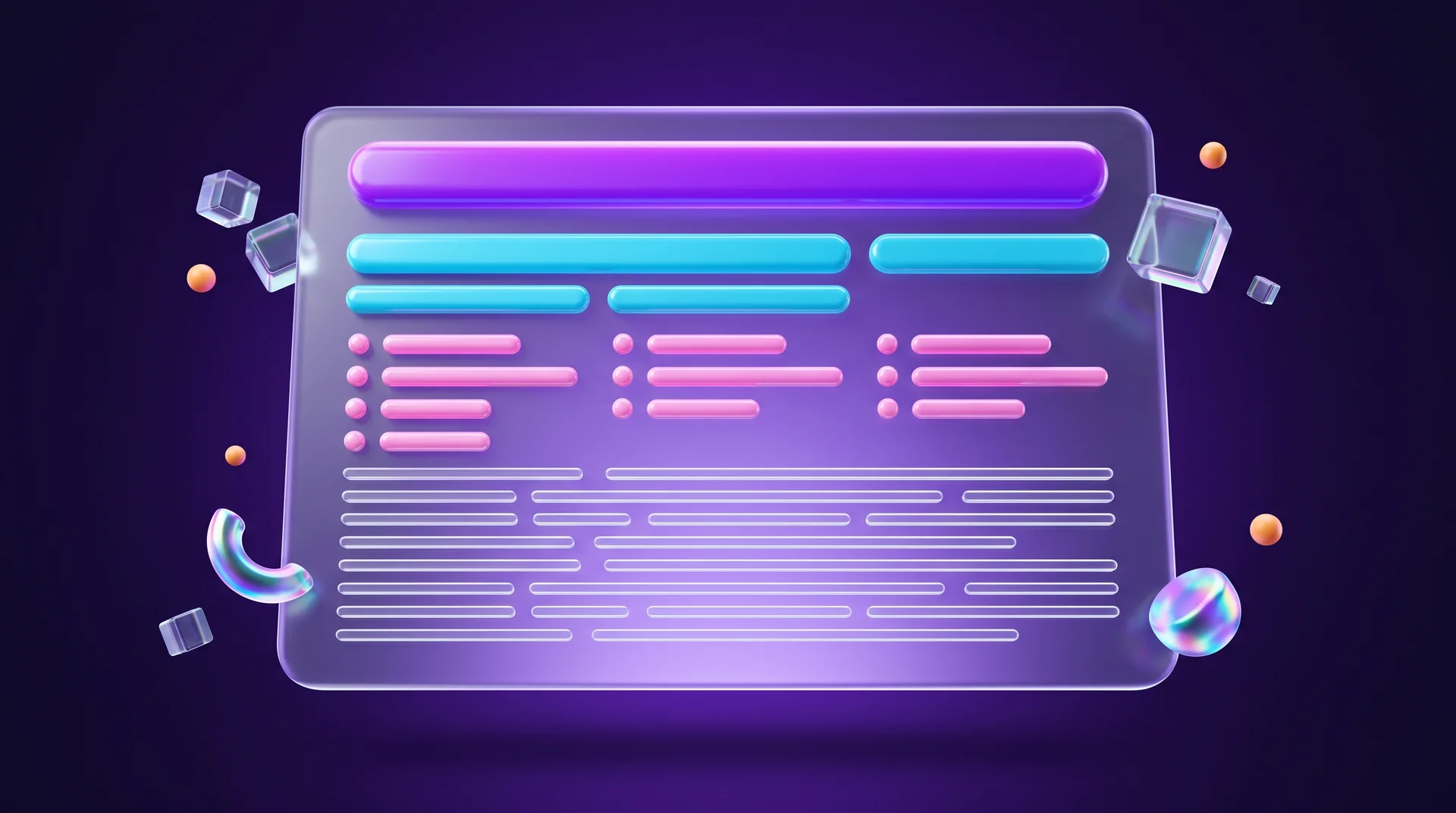 A floating glass web page with a wide purple bar at the top, light blue bars below it, smaller pink bars and thin lines of text, on a dark purple background
