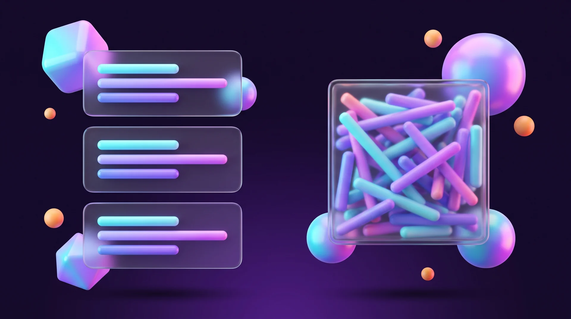 On the left, three glass blocks stacked neatly one above the other with rounded bars; on the right, a single glass box crammed with tangled, messy coloured bars