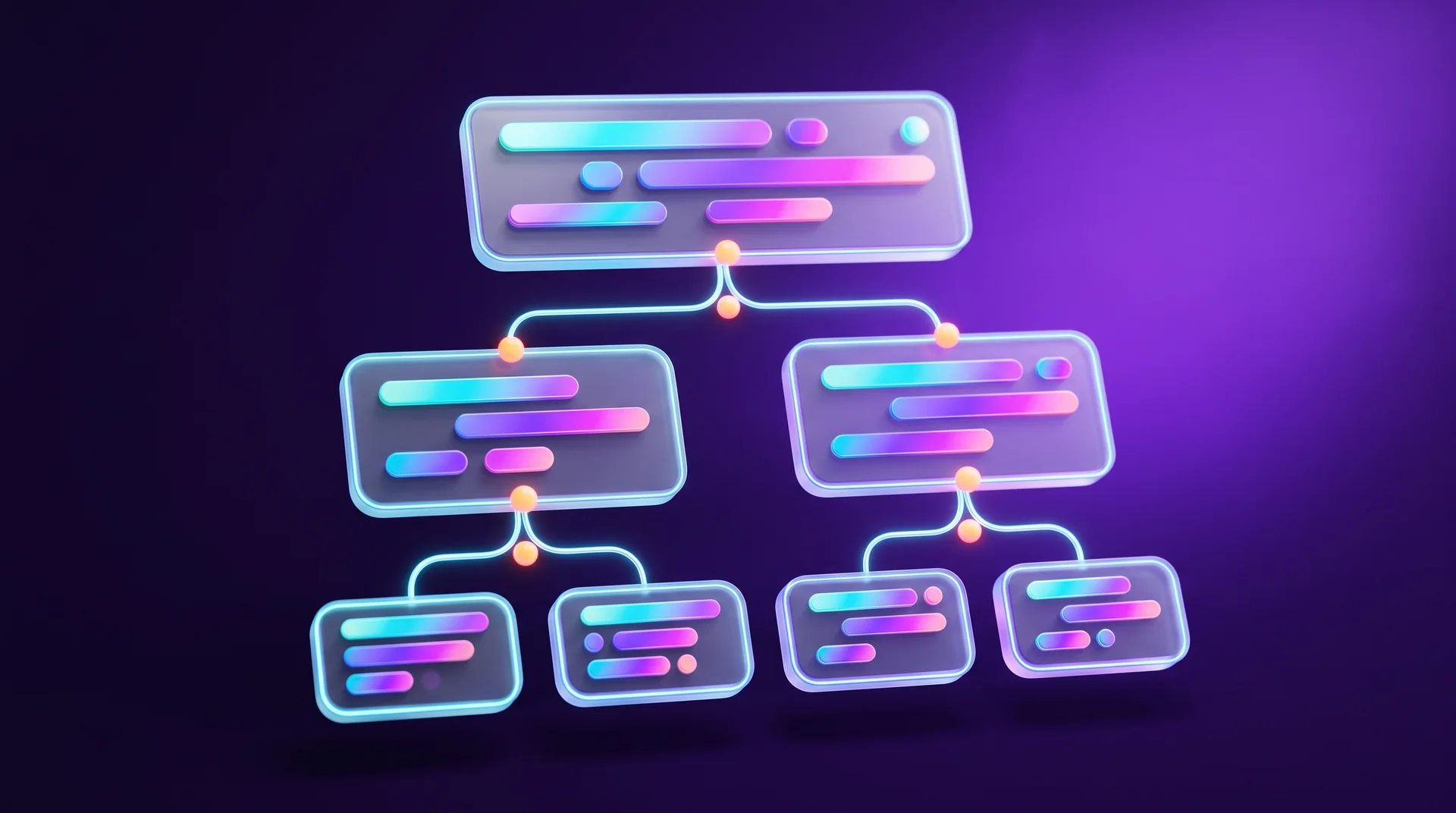 A tree of floating glass panels: one wide panel at the top, two in the middle and four small ones at the bottom, connected by glowing lines with orange dots