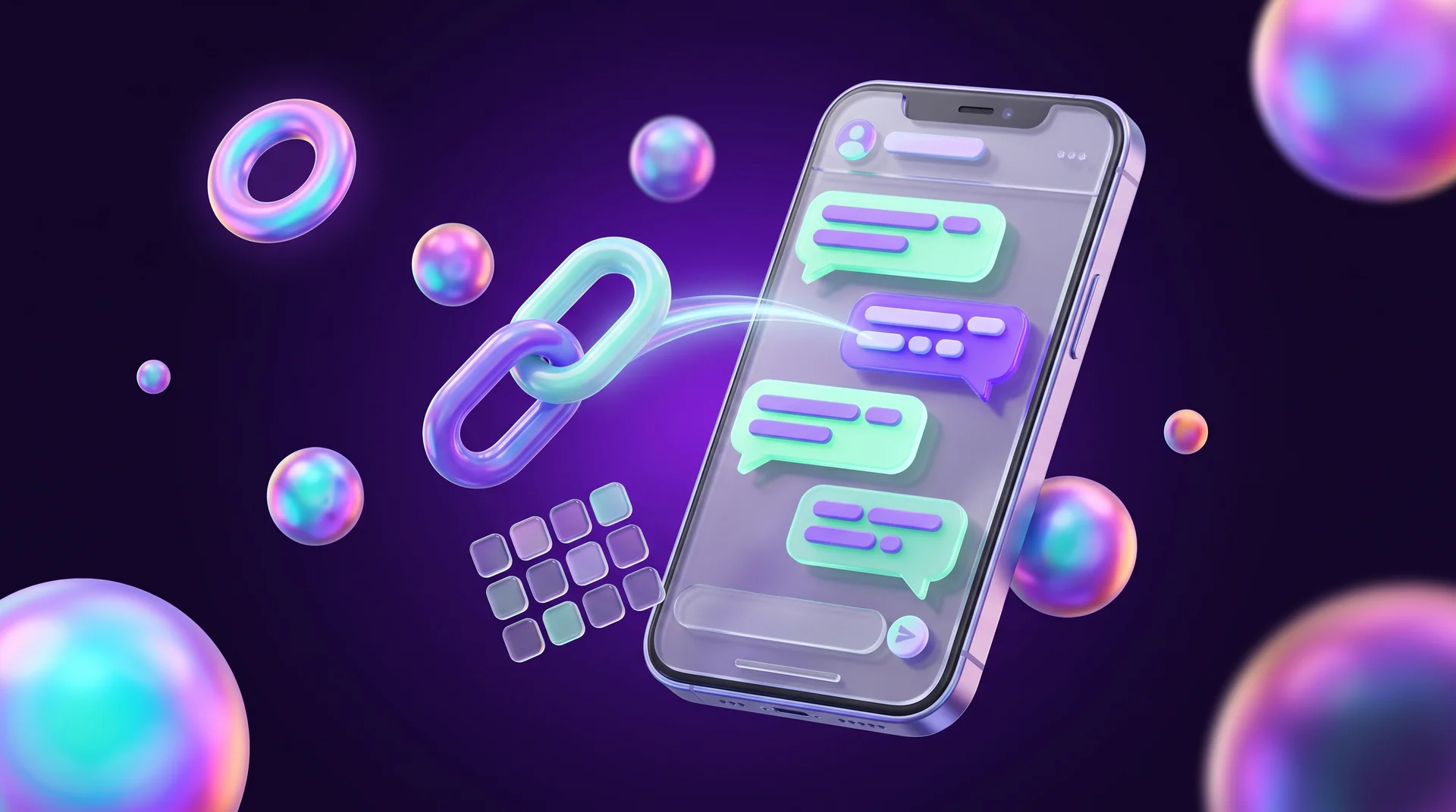 A 3D glass smartphone with green and purple chat bubbles, next to a glowing link chain and a grid of glass squares