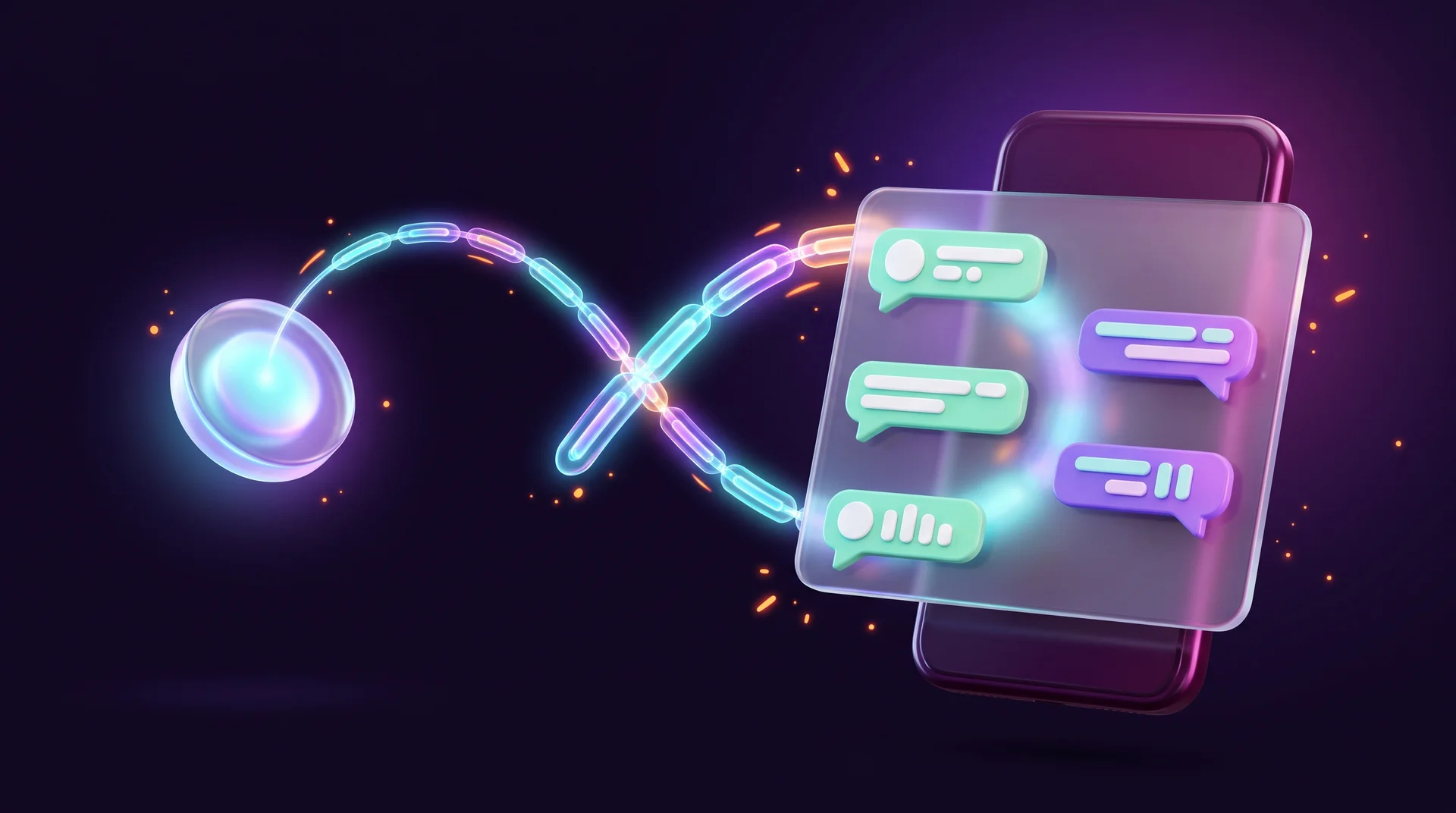 A glowing glass button with a chain of light stretching from it to a chat window with green and purple message bubbles above a smartphone