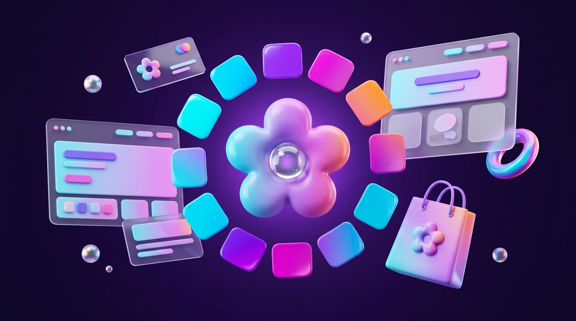 Visual brand identity: a glossy flower-shaped symbol at the centre, surrounded by a ring of colour swatches, glass website panels, a business card and a shopping bag carrying the same symbol