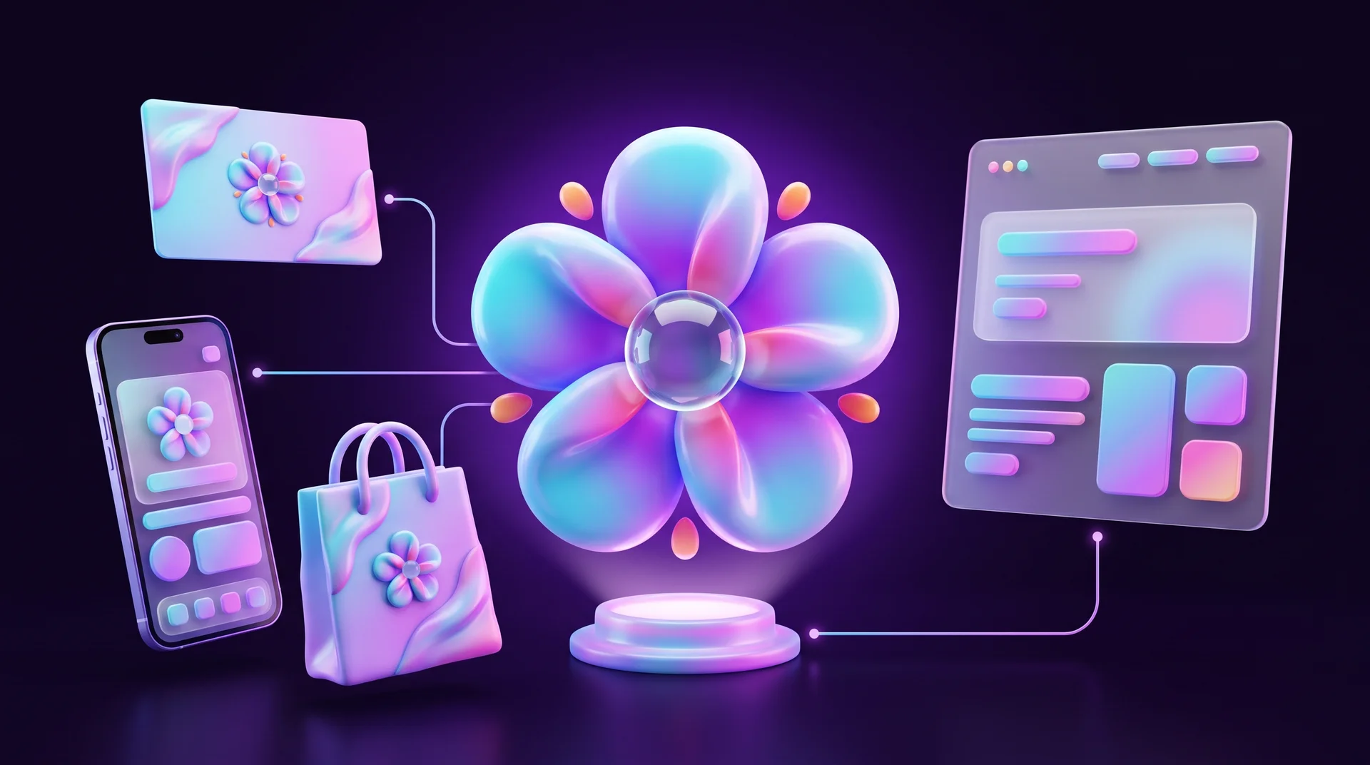 A visual identity system: a flower-shaped symbol on a glowing stage, connected by lines to a business card, a phone, a shopping bag and a glass website panel, all carrying the same symbol