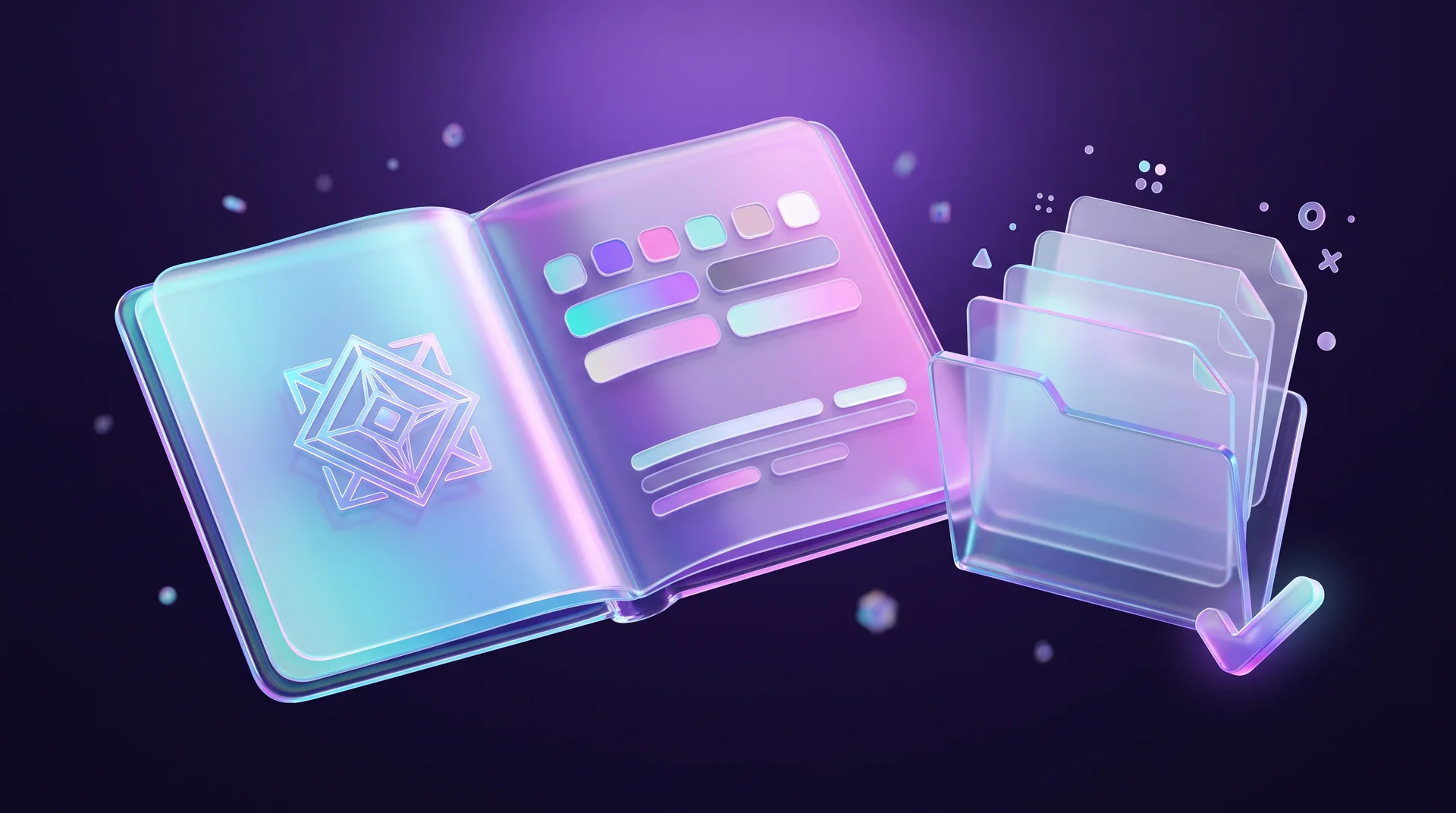 Brand guidelines: an open glass booklet with pages showing a symbol, colour swatches and abstract bars, next to a glass folder of files with a glowing checkmark