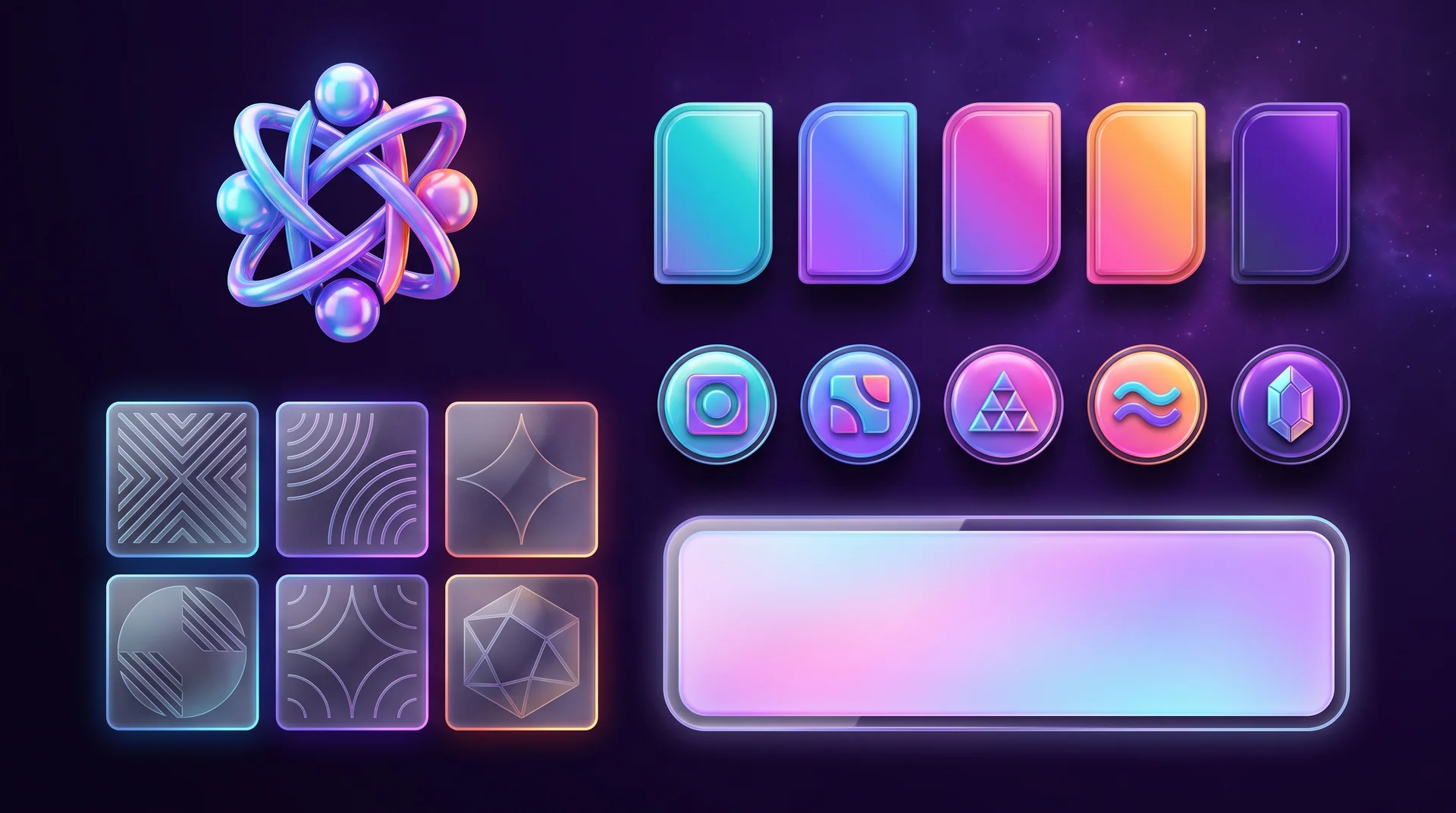 A brand element kit: a glossy symbol of interlocking rings, a row of colour swatches, glass tiles with graphic patterns, round icons and an empty picture frame on a dark purple background