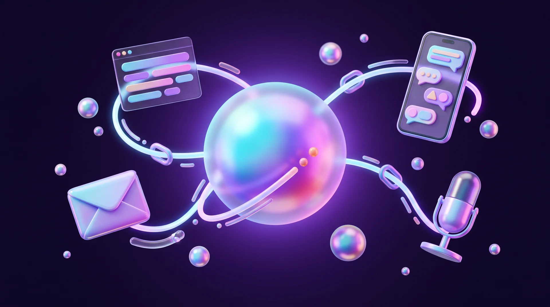 Affiliate marketing: a glowing glass sphere at the centre, linked by beams of light and chain links to a blog screen, a phone, an envelope and a microphone