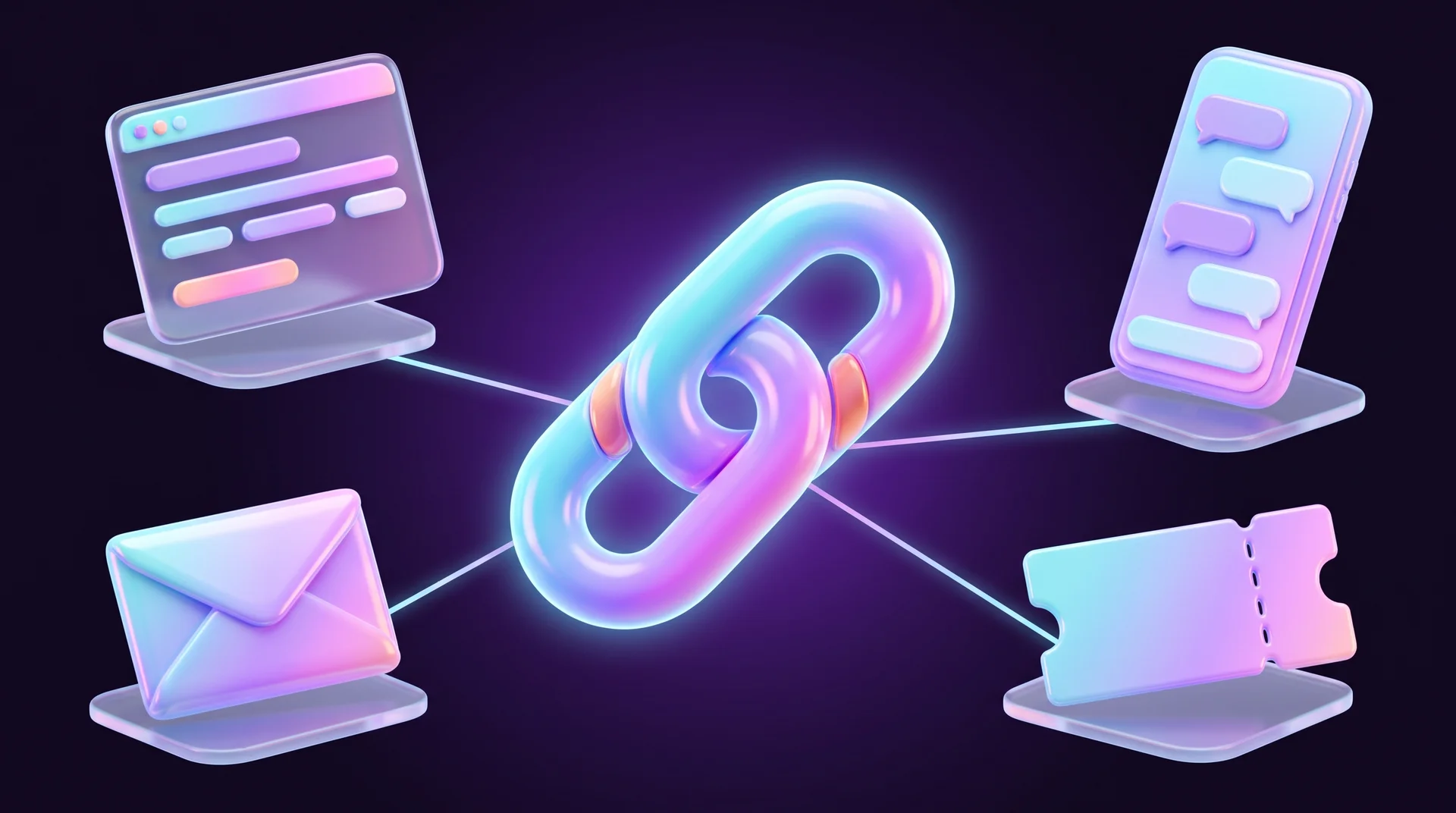Four glossy objects floating around a glowing link at the centre: a blog screen, a phone with chat bubbles, an envelope and a blank coupon card