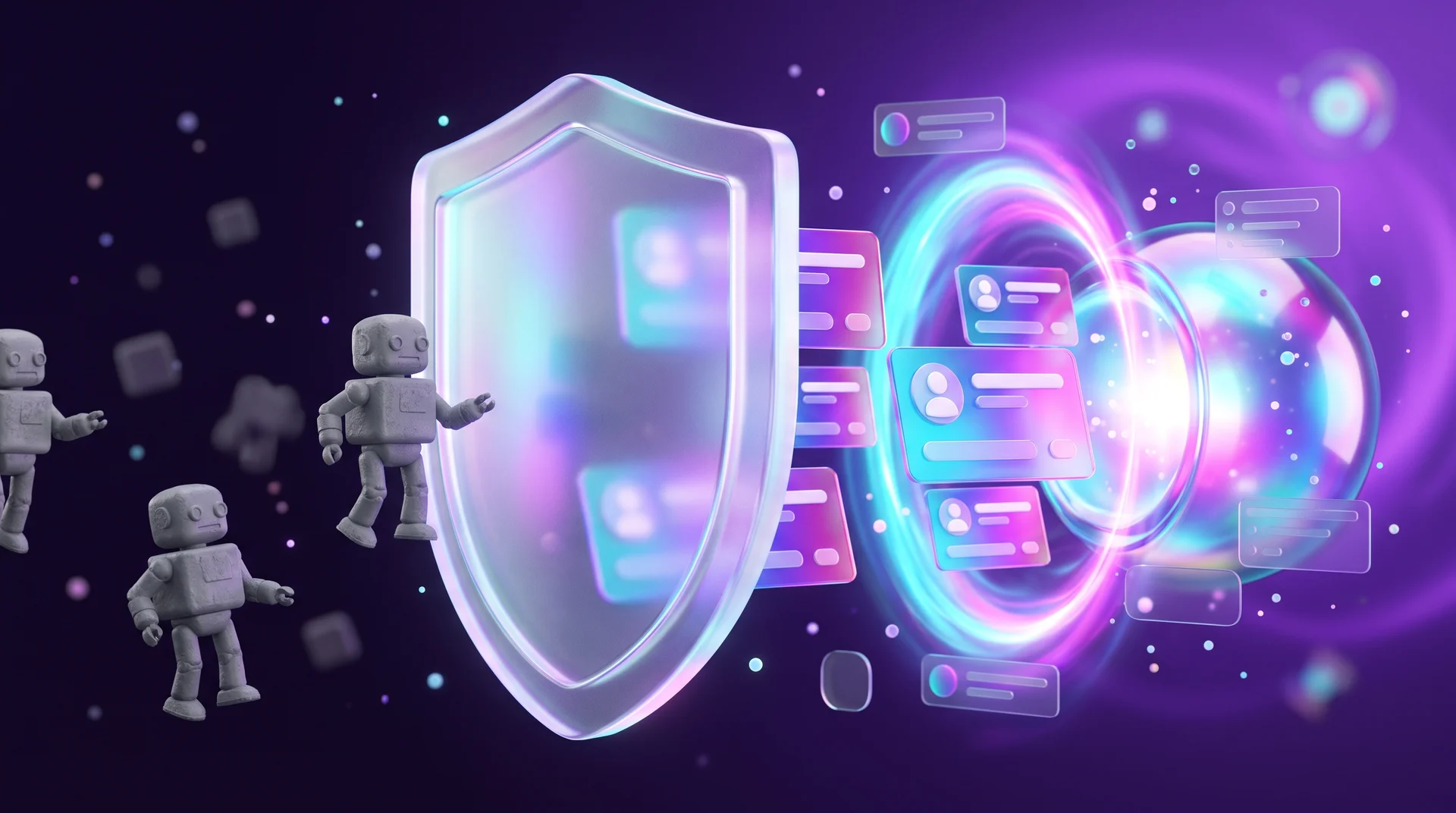 A glowing glass shield stopping small grey robots, while purple and light blue customer cards pass behind it through a glowing gate of light