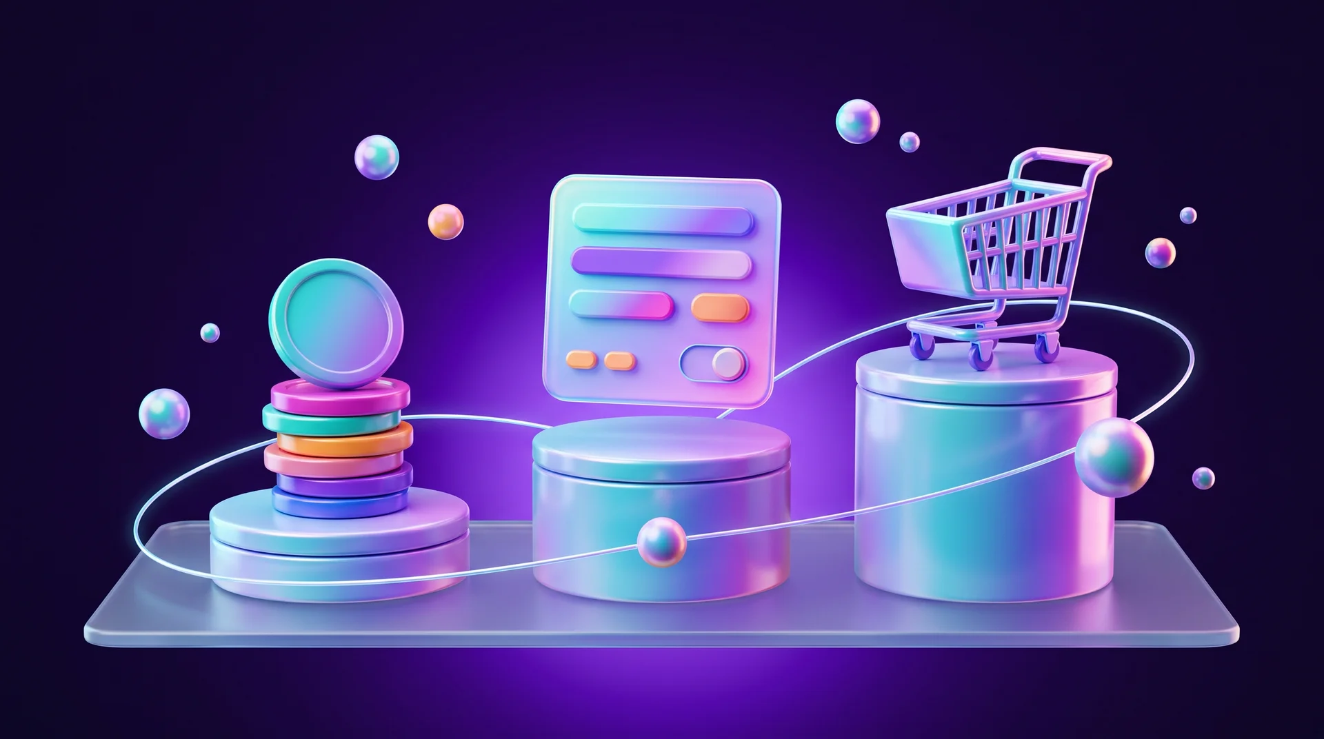 Three glossy pedestals of different heights on a glass surface holding a stack of colourful coins, a form card and a shopping cart, connected by a line of light