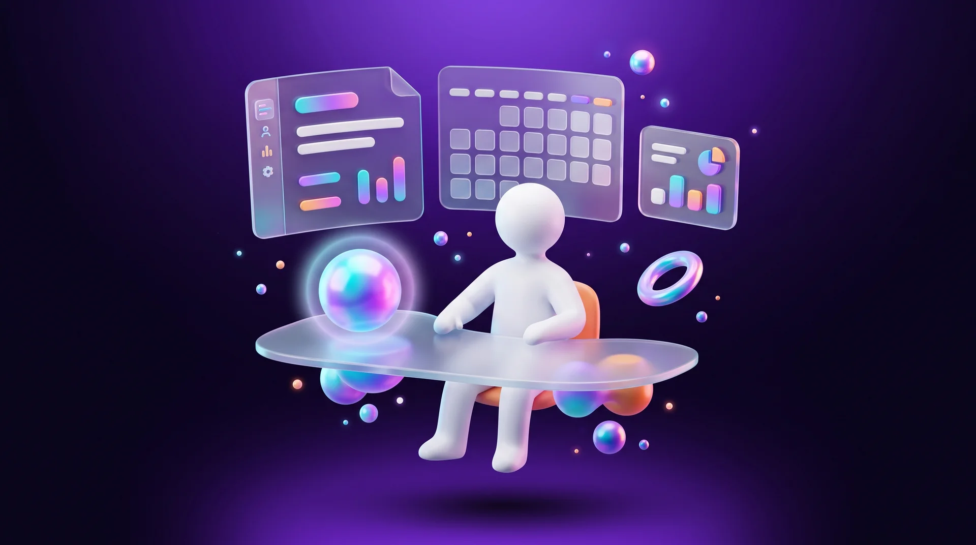 A white 3D figure working at a glass desk next to a floating AI assistant, with panels of documents, a calendar and charts hovering above them