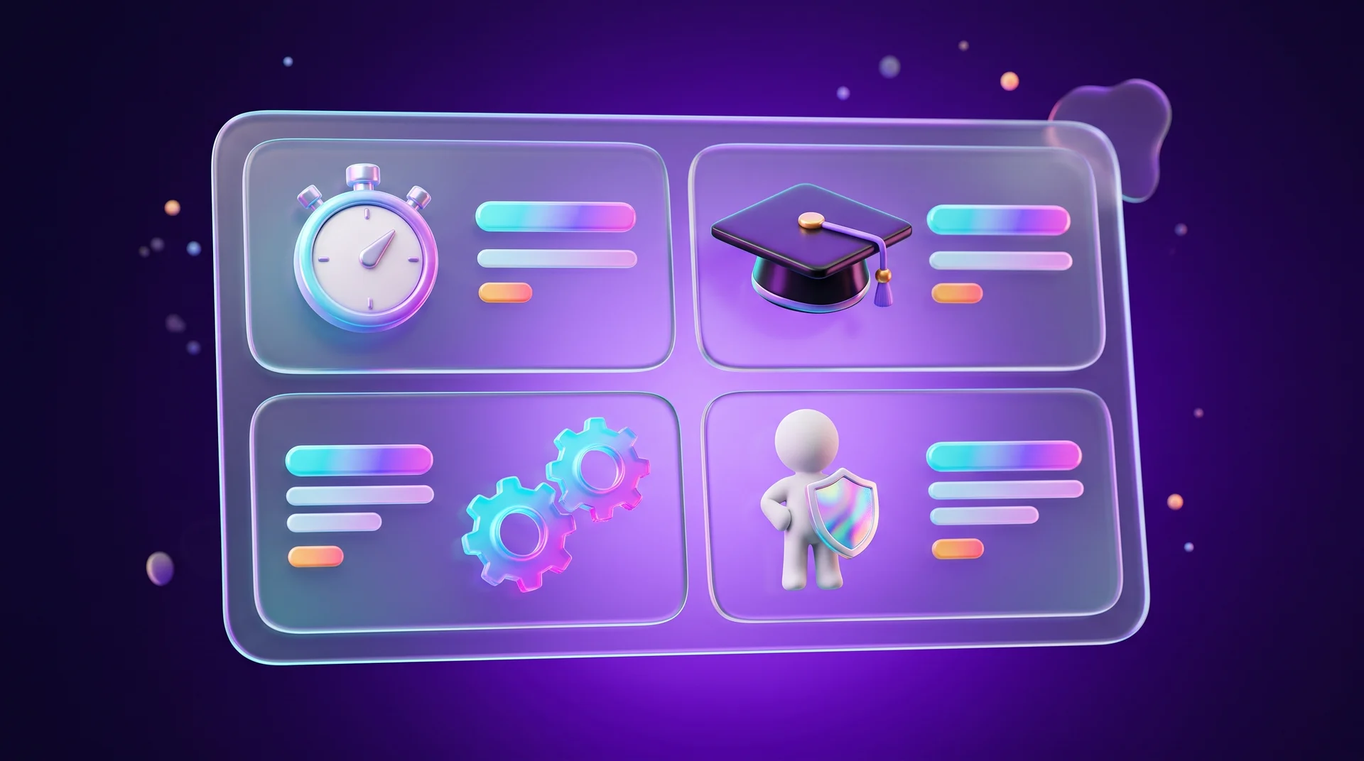A glass dashboard with four 3D tiles: a stopwatch, a graduation cap, interlocking gears and a faceless white figure holding a shield