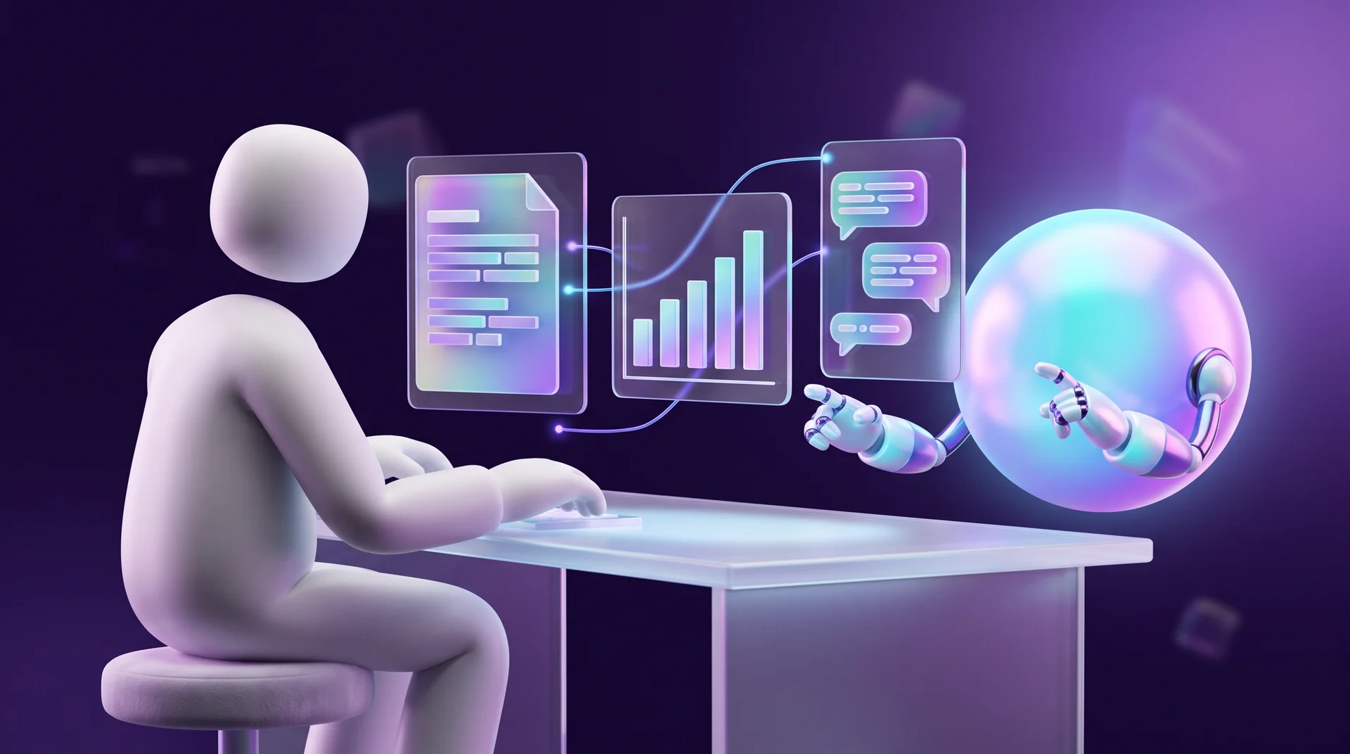 A faceless white 3D figure typing at a glass desk, facing an AI assistant shaped like a glowing sphere with robotic arms; panels with a document, a chart and chat bubbles float between them