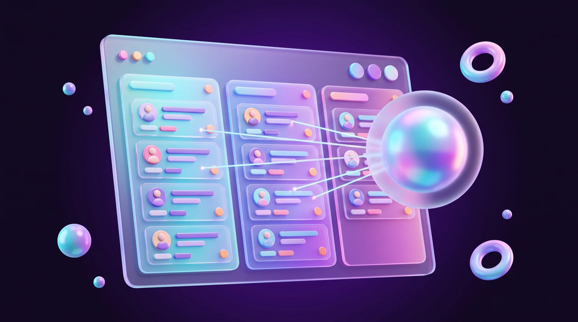 A glass CRM board with customer cards, next to a glowing AI core connected to them by lines of light
