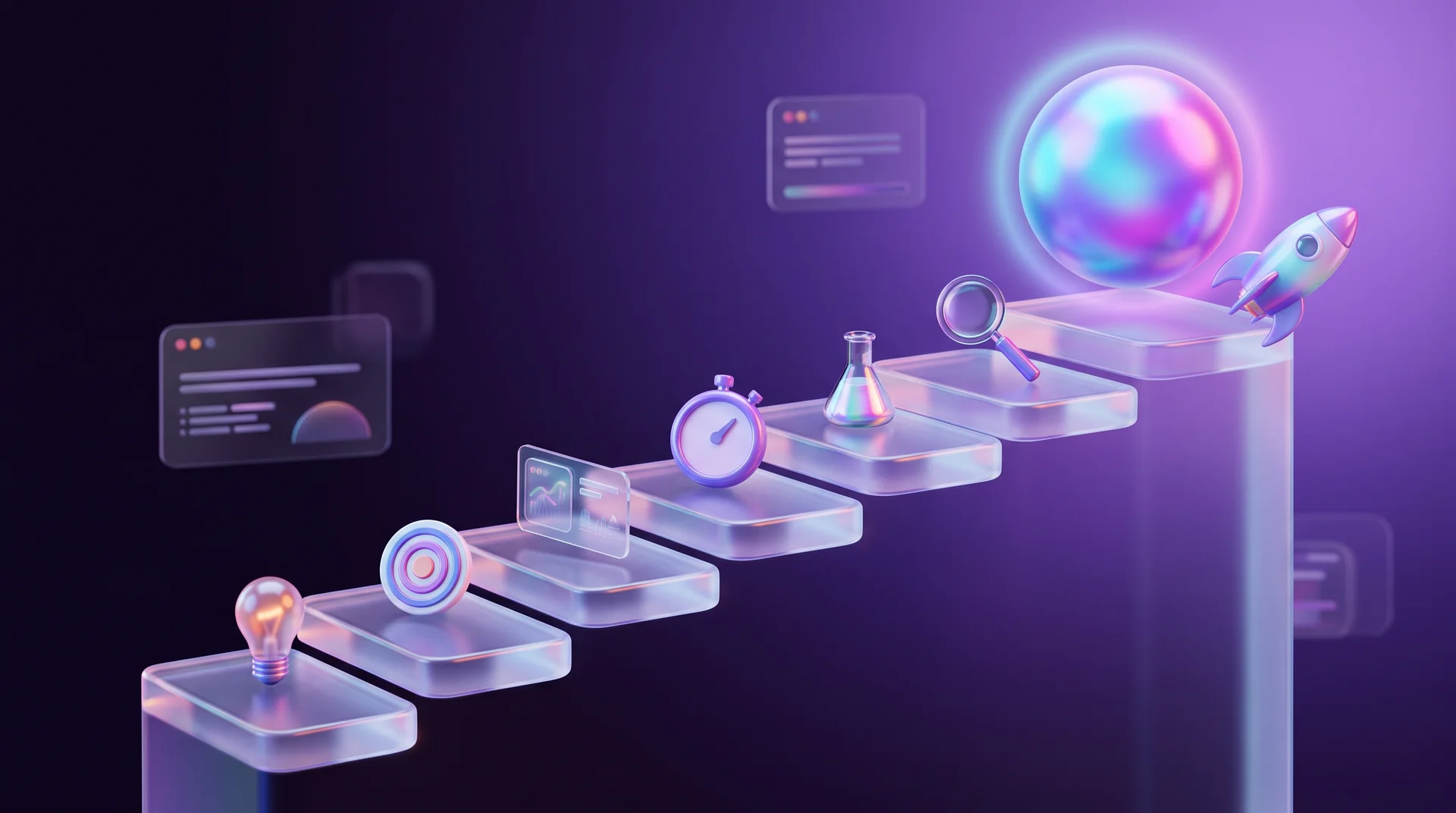 Seven glass steps rising diagonally, each holding a different small 3D object, with a glowing AI sphere at the top