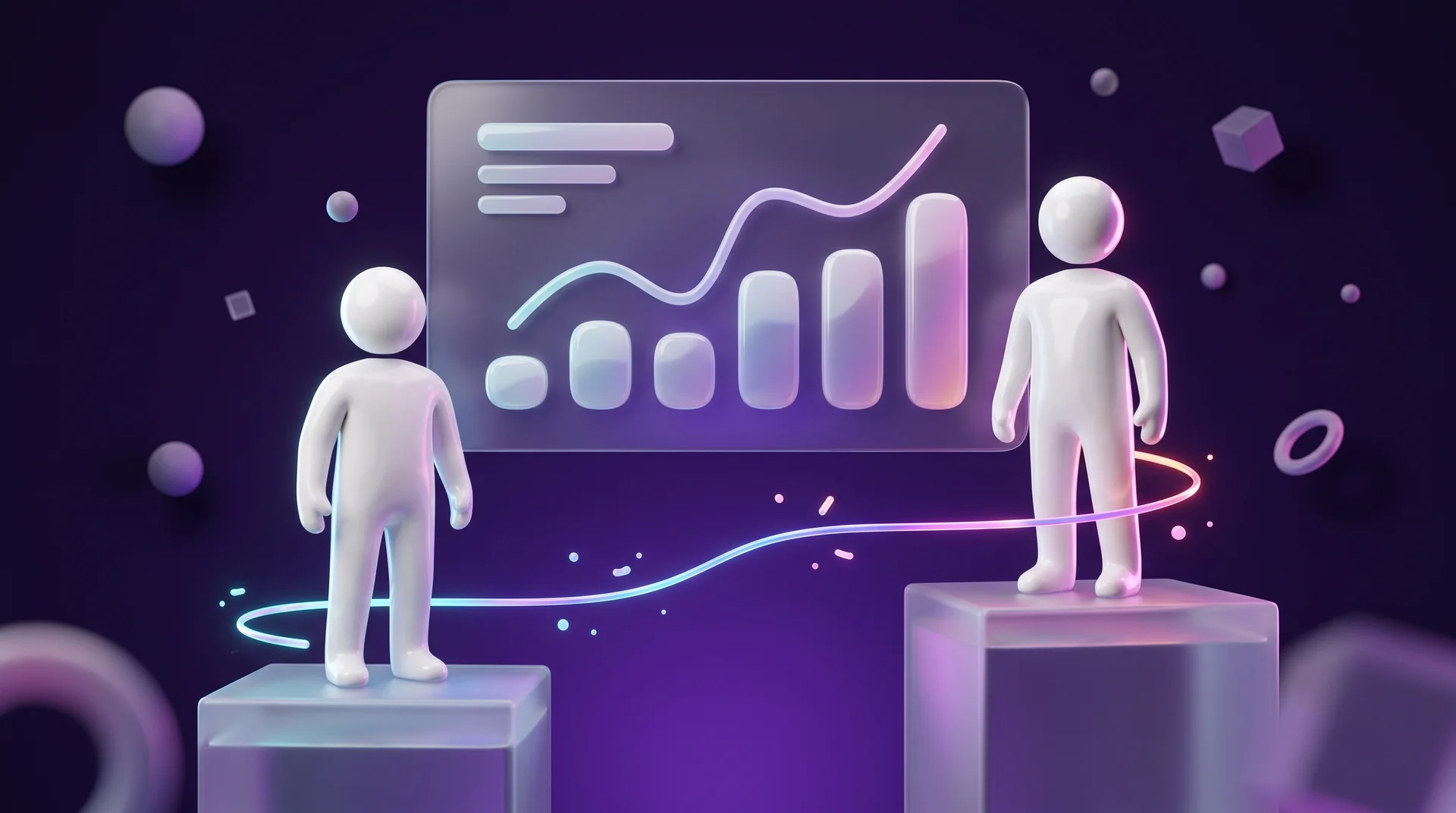 Two white 3D figures on two glass platforms at different heights, connected by a line of light, with a dashboard of rising charts above them