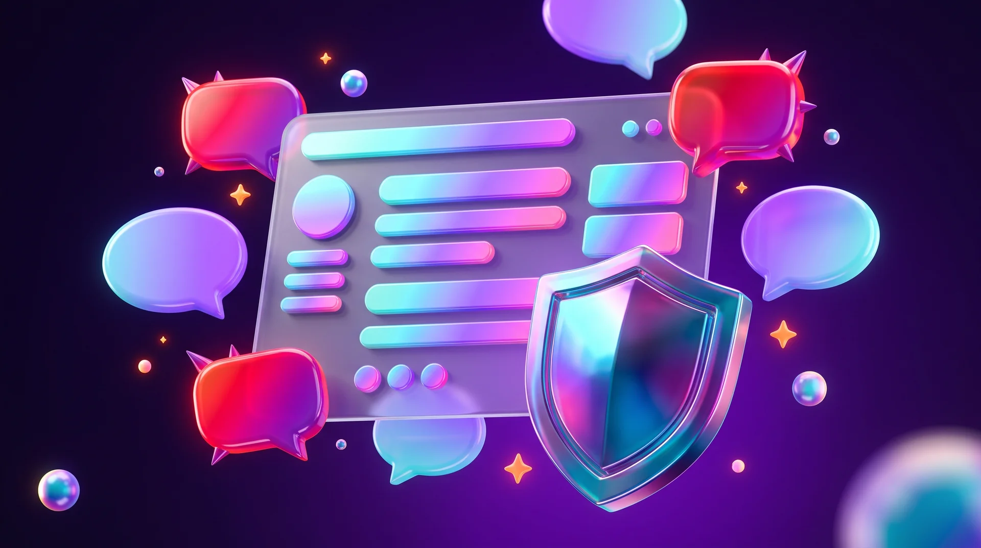 Glass chat bubbles, some red and some purple, floating around a glossy shield that protects a screen showing a business page