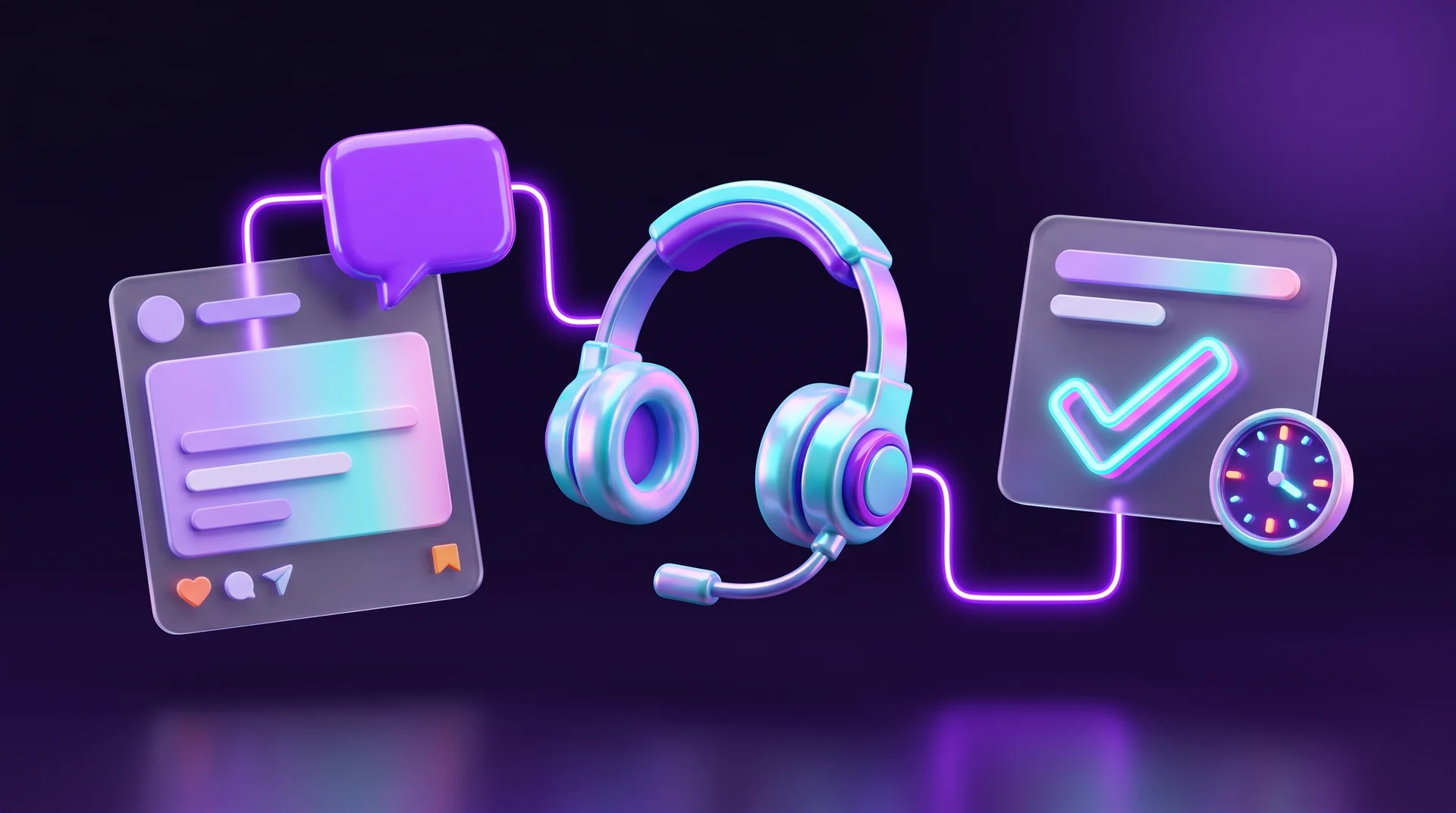 A purple comment bubble above a social media post, linked by a glowing line to a customer support headset and a glass task card with a checkmark and a clock