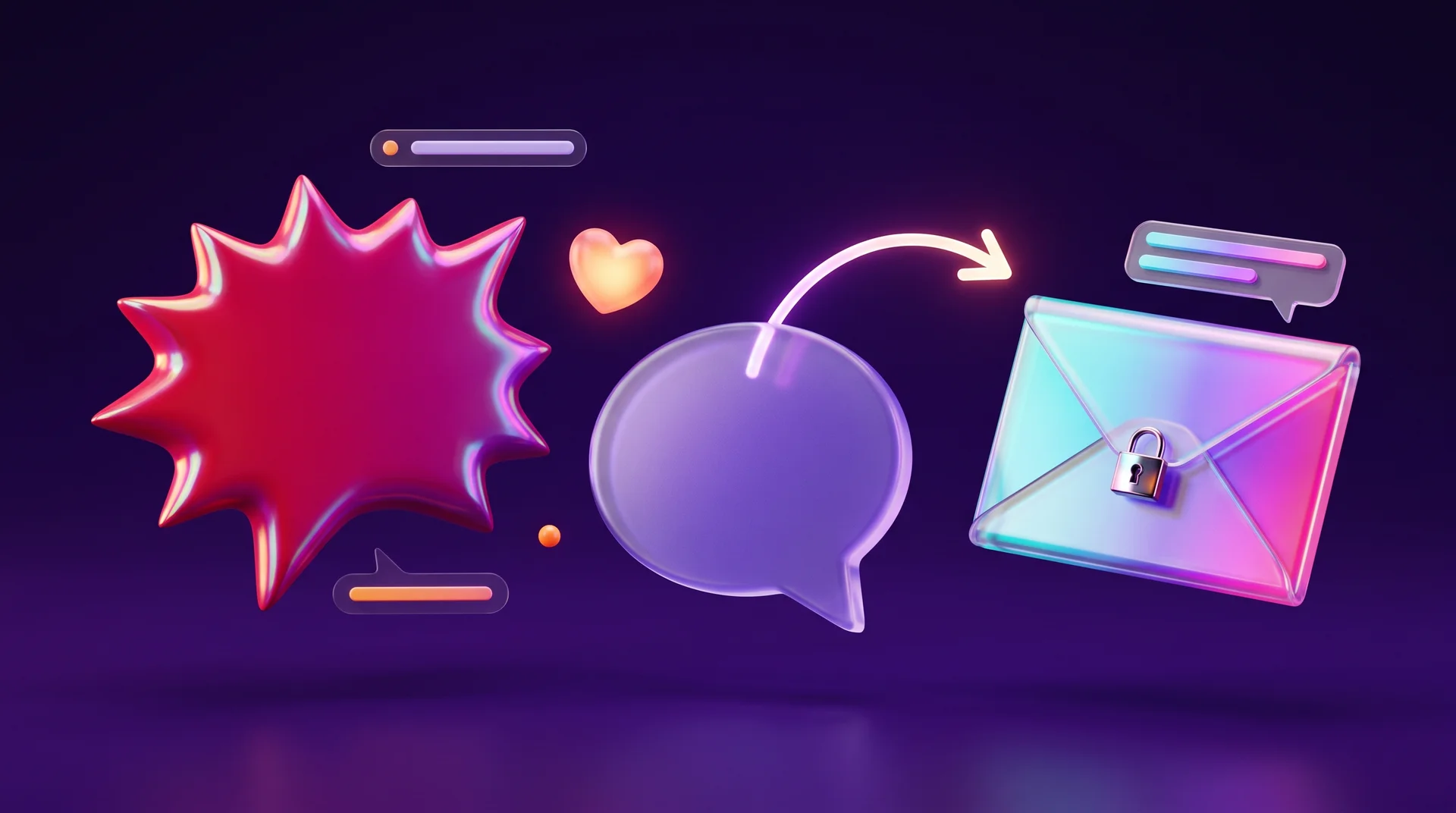 A red, angry chat bubble floating opposite a calm purple chat bubble, with a glowing orange heart between them and an arrow leading from the purple bubble to a locked envelope