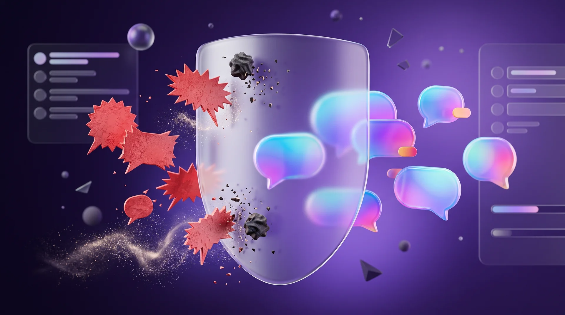 A glossy glass shield filtering chat bubbles: colourful bubbles pass through it, while red spiky bubbles and dark lumps of spam are stopped and crumble