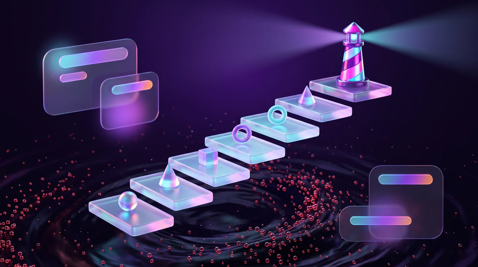 Glass steps floating above a swirl of small red bubbles, each step holding a glowing shape, with a glossy lighthouse at the top sending out a beam of light