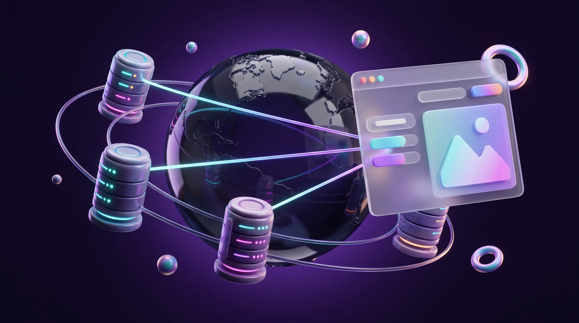 A content delivery network: a glass globe surrounded by glowing servers, with lines of light connecting them to a website screen