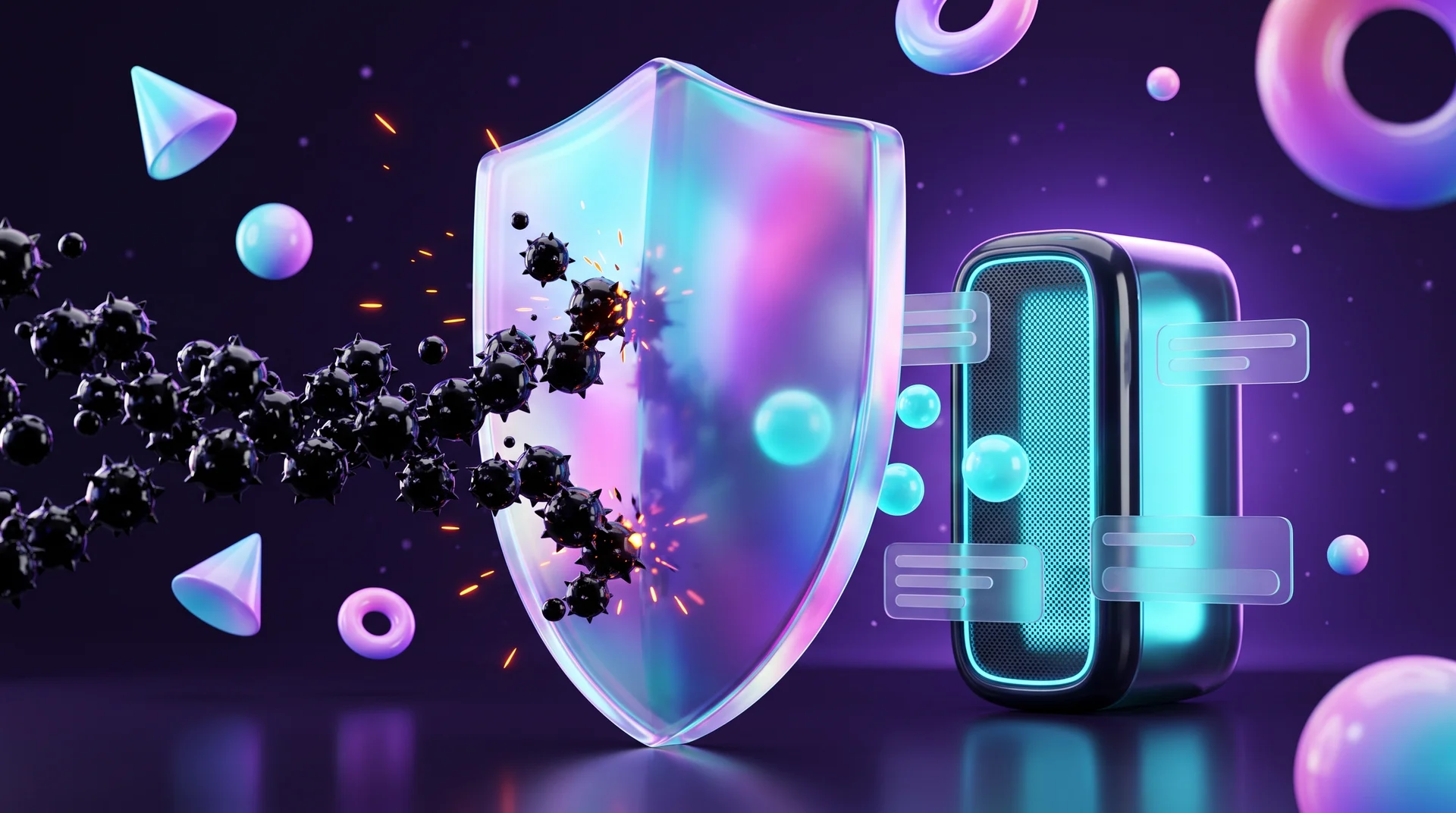 A glossy glass shield standing in front of a stream of dark, spiky spheres, with a protected server behind it and only glowing light-blue spheres passing through