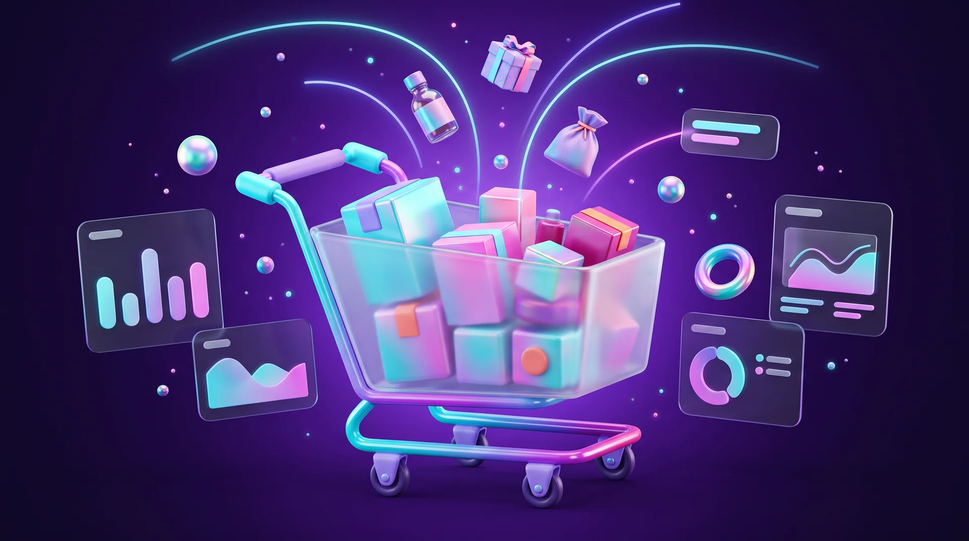 A 3D glass shopping cart full of glossy boxes, with a small bottle, a gift box and a pouch floating into it, next to glass chart panels
