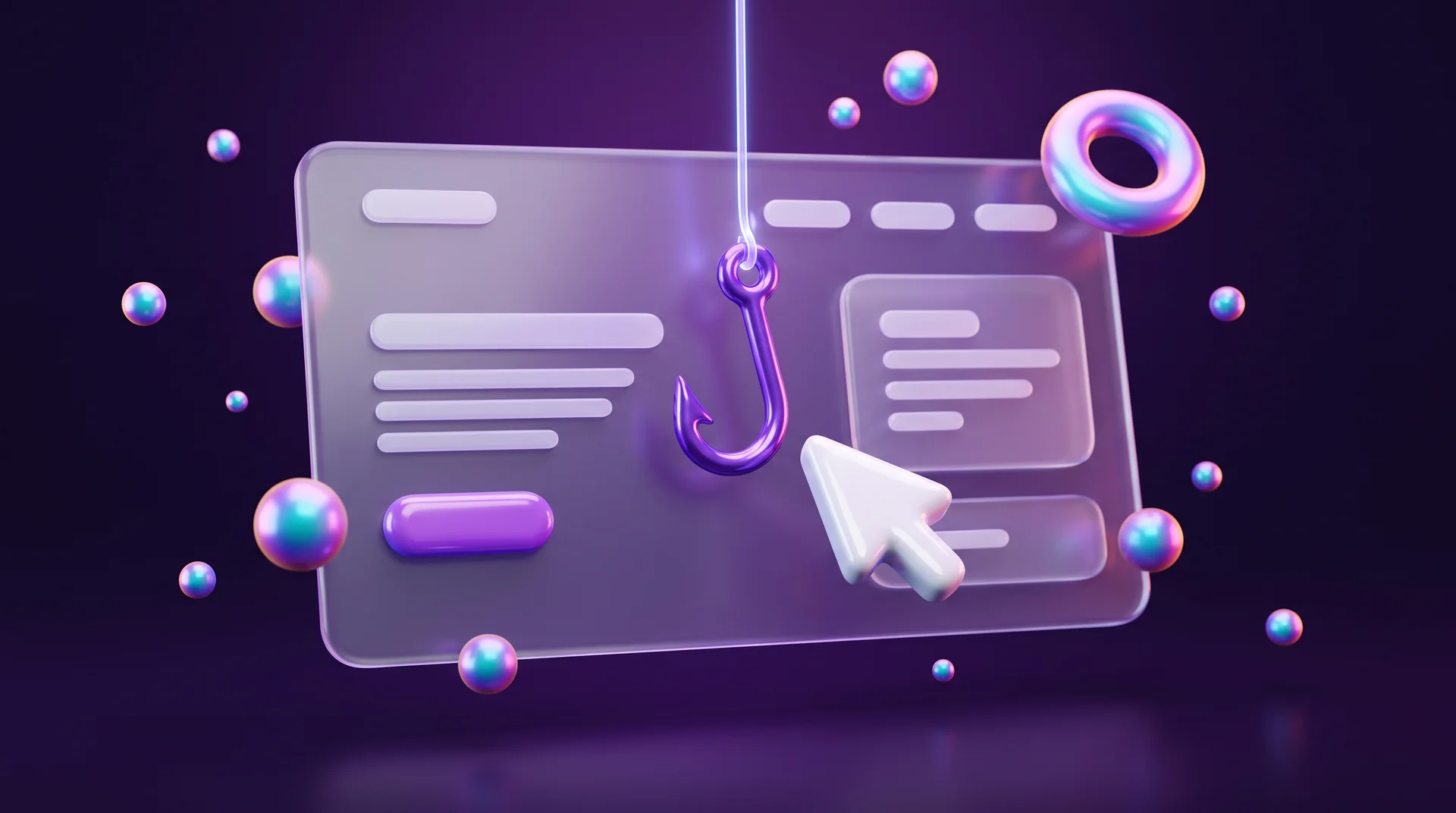 A purple fishing hook hanging on a glowing line in front of a 3D glass interface card, with a white mouse cursor approaching it, surrounded by rainbow-coloured spheres and a ring