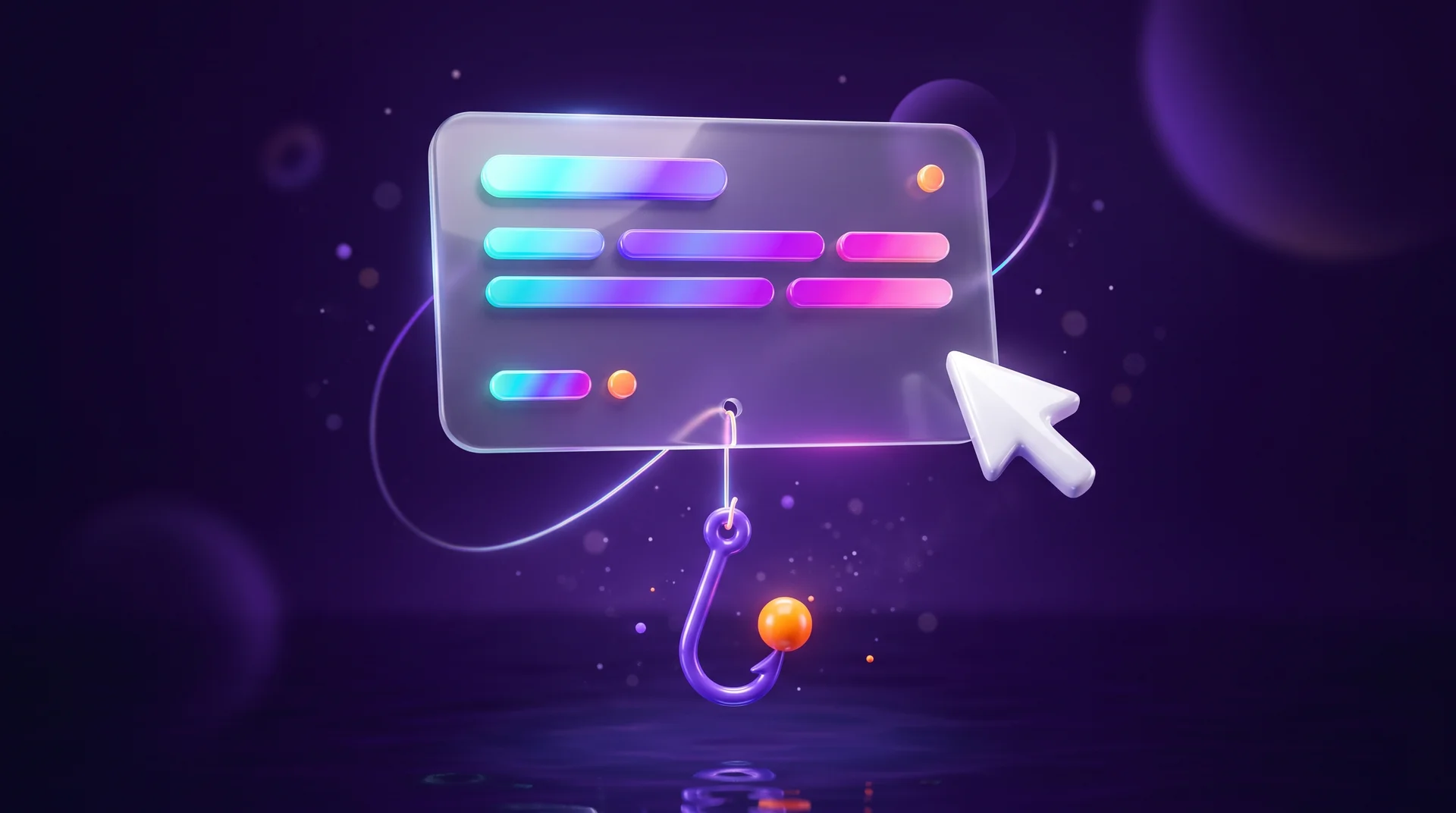 A 3D glass interface card with a purple fishing hook and an orange lure beneath it, and a white mouse cursor pointing at the hook