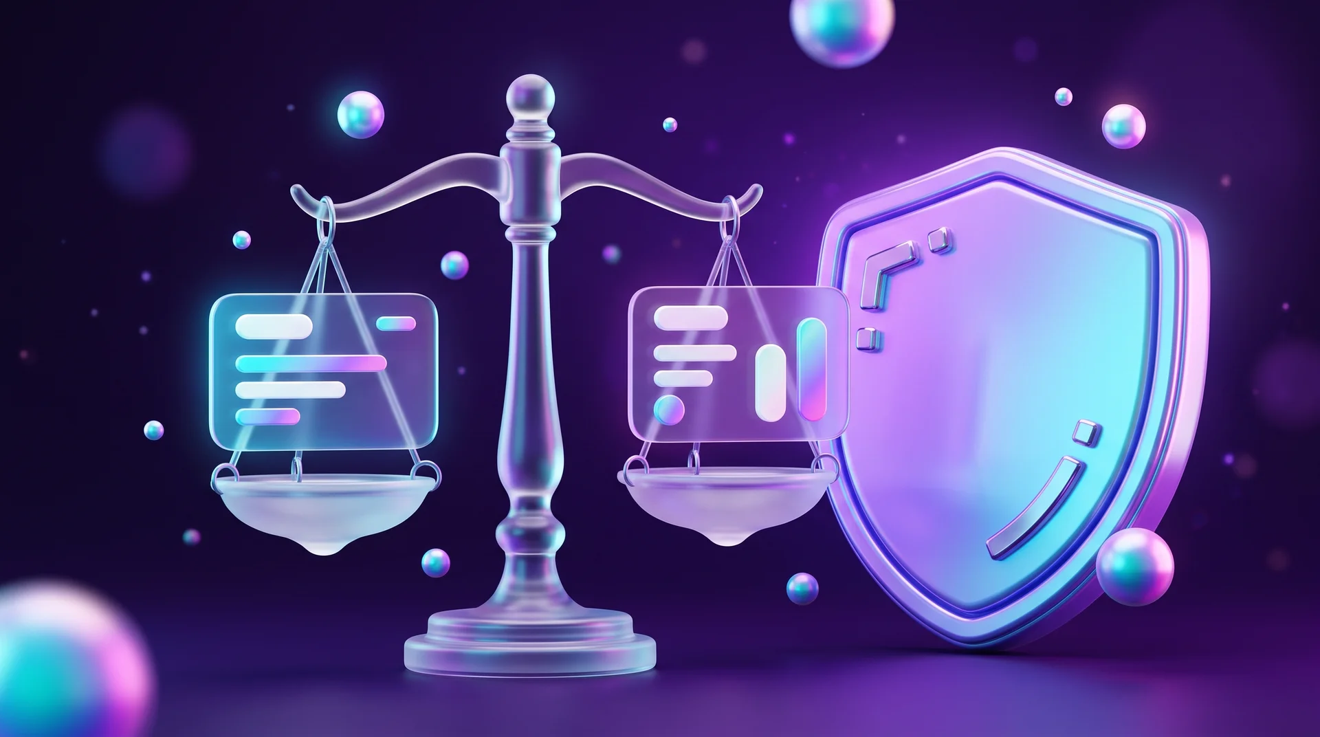 3D glass scales of justice with a glowing interface card on each pan, next to a shiny shield in shades of purple and light blue