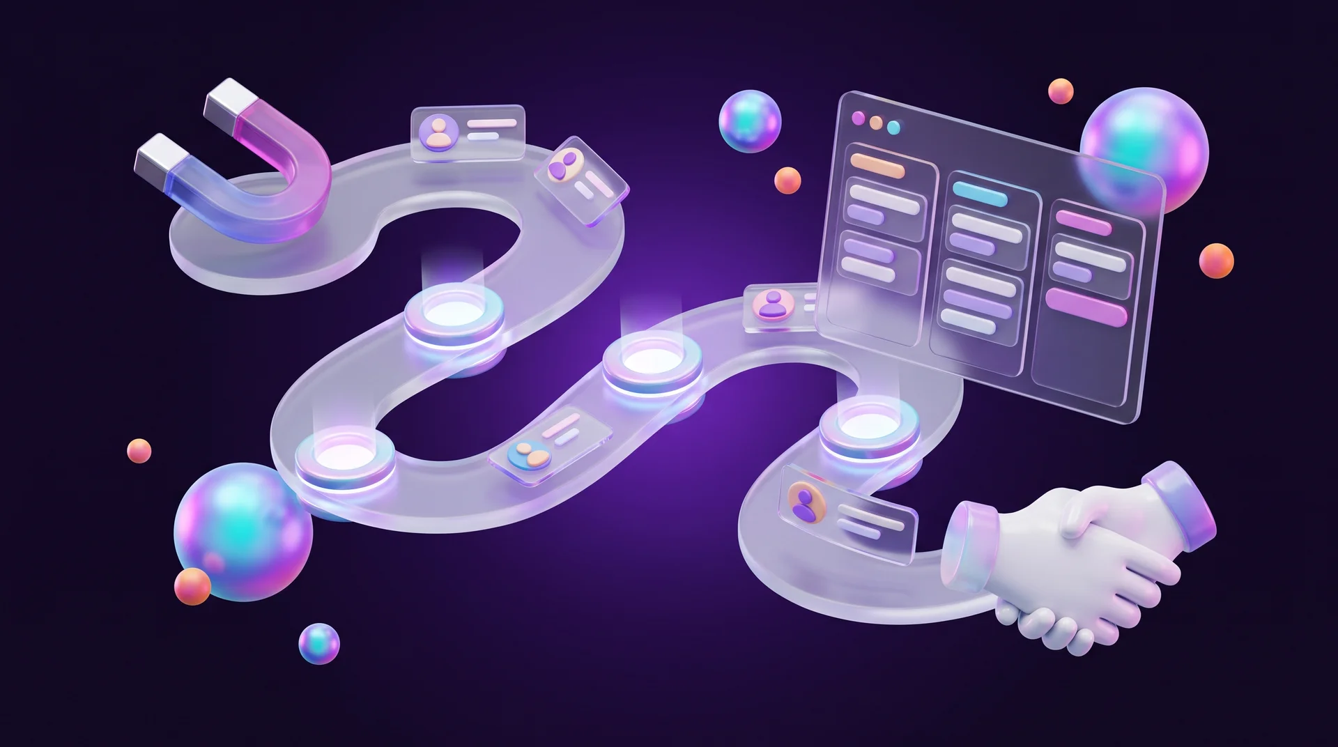 A 3D sales process: a winding glass path running from a magnet to a handshake, with glowing stations, customer cards and a floating CRM board