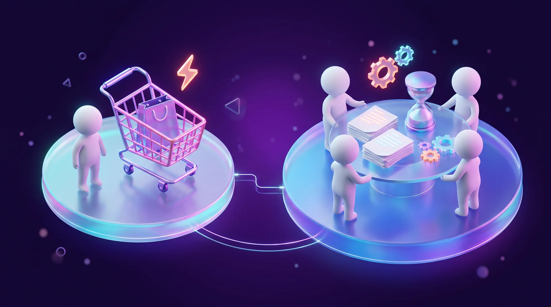 Two glass platforms: on one, a single white figure next to a shopping trolley with a bag and an orange lightning bolt; on the other, several figures around a round table with documents and an hourglass