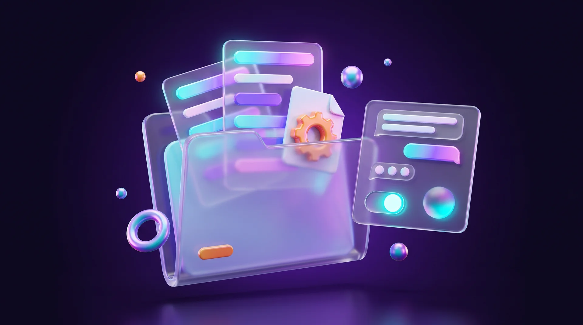 A transparent glass folder with instruction cards and a document with an orange gear rising from it, next to a chat window with a switch turned on