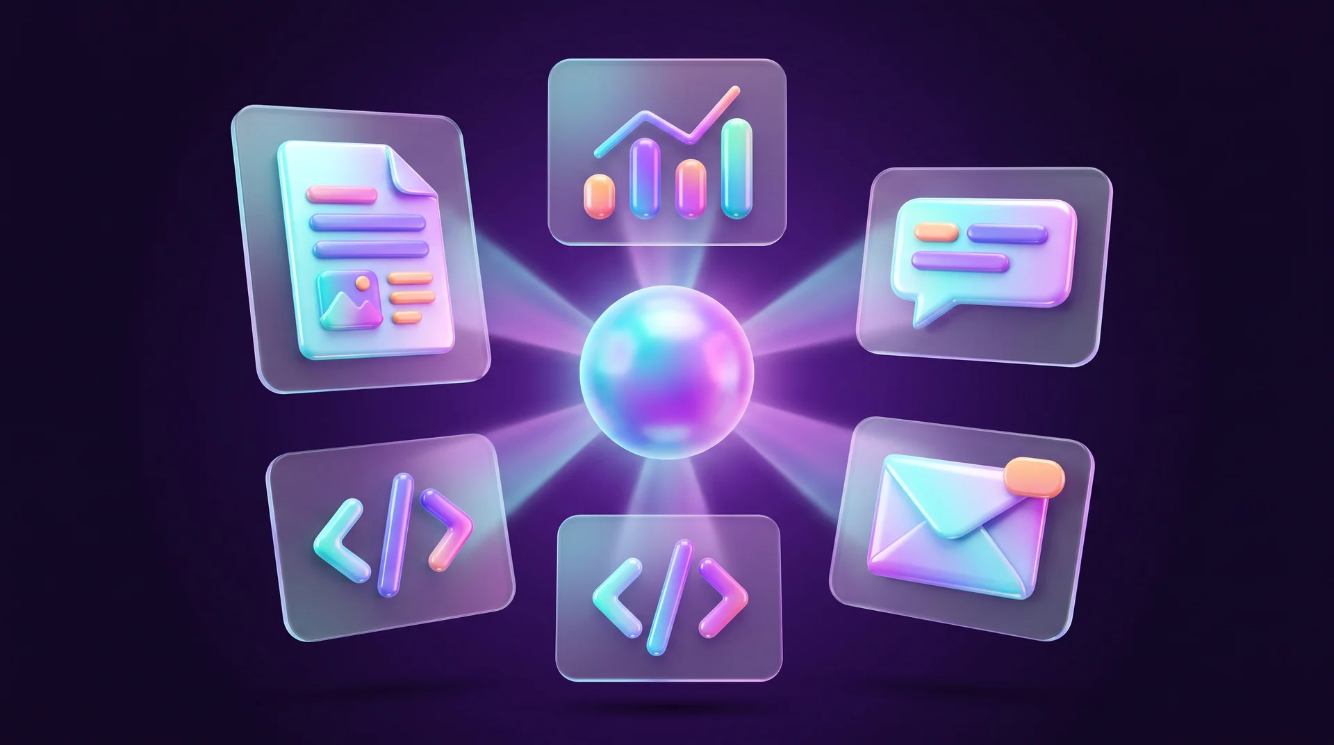 Glass cards floating around a glowing sphere: a document, a bar chart, a chat bubble, an envelope and two cards with code brackets