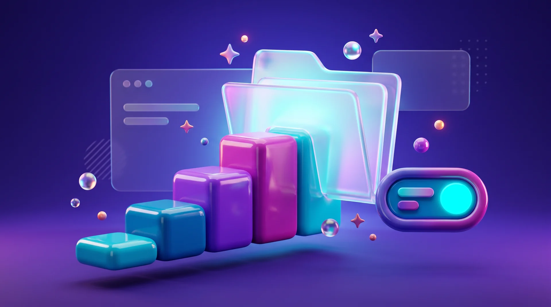Glossy building blocks in teal, purple and magenta rising like stairs towards a glowing glass folder, with a switch turned on beside them