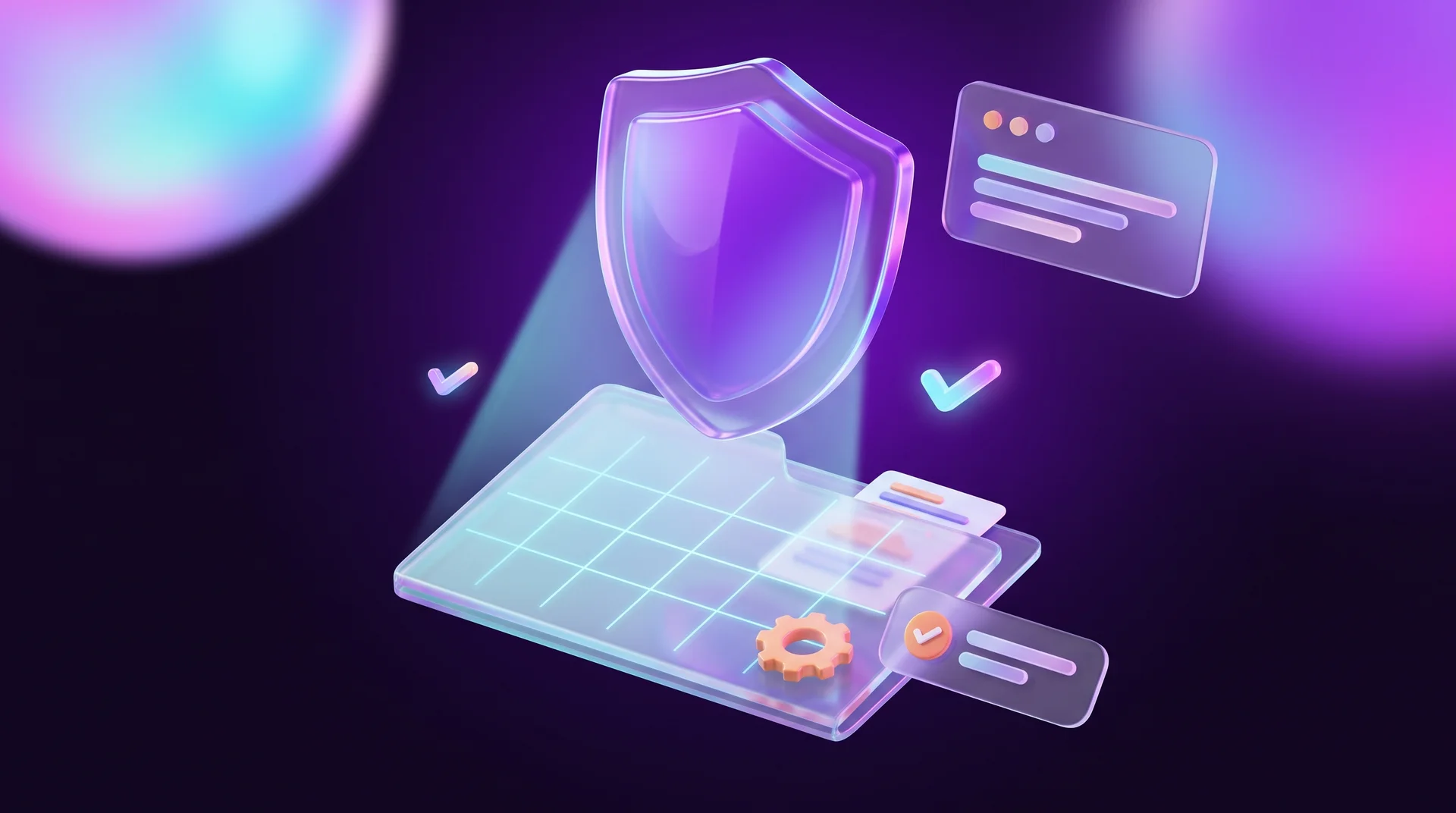 A purple glass shield floating above a transparent folder with a grid of light, an orange gear, cards and check marks